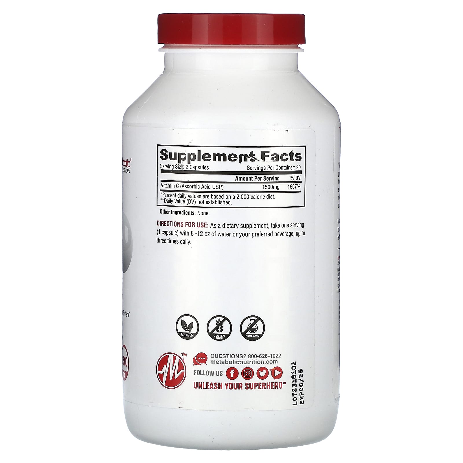 Metabolic Nutrition, Vitamin-C, 180 Capsules (750 mg per Capsule) - Image 2