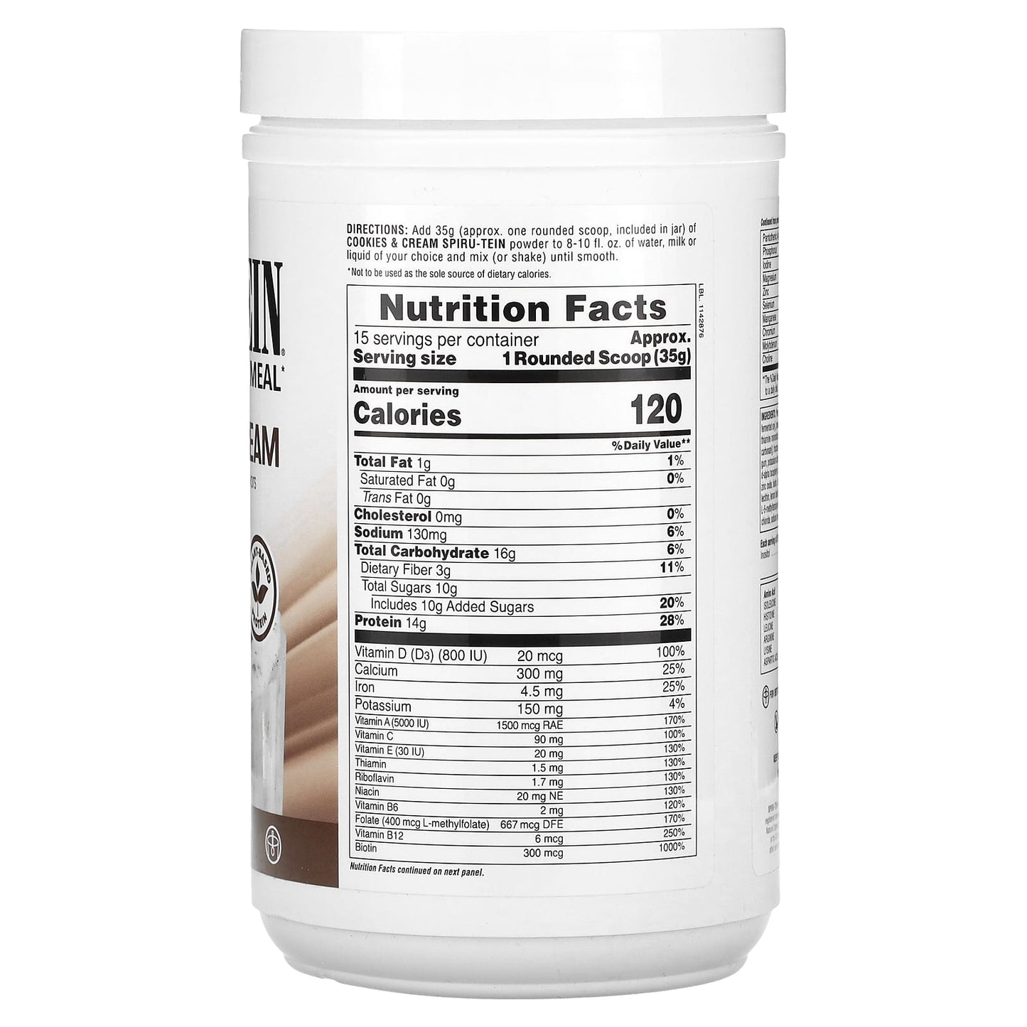 NaturesPlus, Spiru-Tein, Protein Powder Meal, Cookies & Cream, 1.15 lbs (525 g) - Image 2
