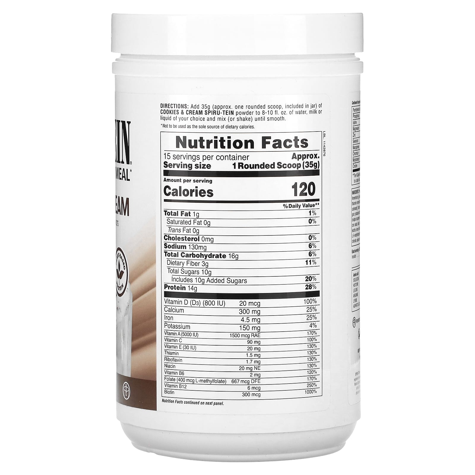 NaturesPlus, Spiru-Tein, Protein Powder Meal, Cookies & Cream, 1.15 lbs (525 g) - Image 2