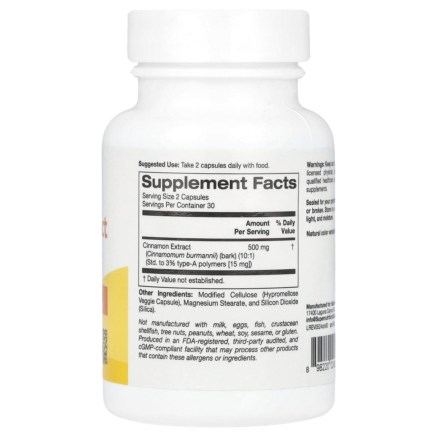 Super Nutrition Cinnamon Extract 250mg (60 Veggie Capsules) - Image 2