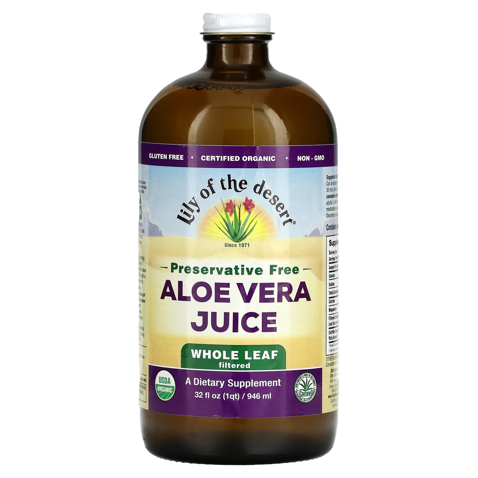 Lily of the Desert, Aloe Vera Juice, Whole Leaf Filtered, Preservative Free, 32 fl oz (946 ml) - Image 1
