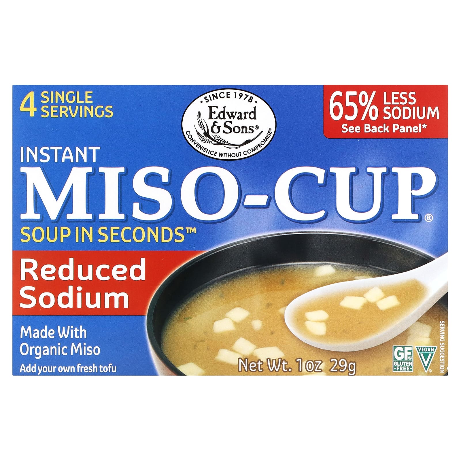 Edward & Sons Reduced Sodium Miso-Cup Soup Mix, 4 Single Servings - Image 1