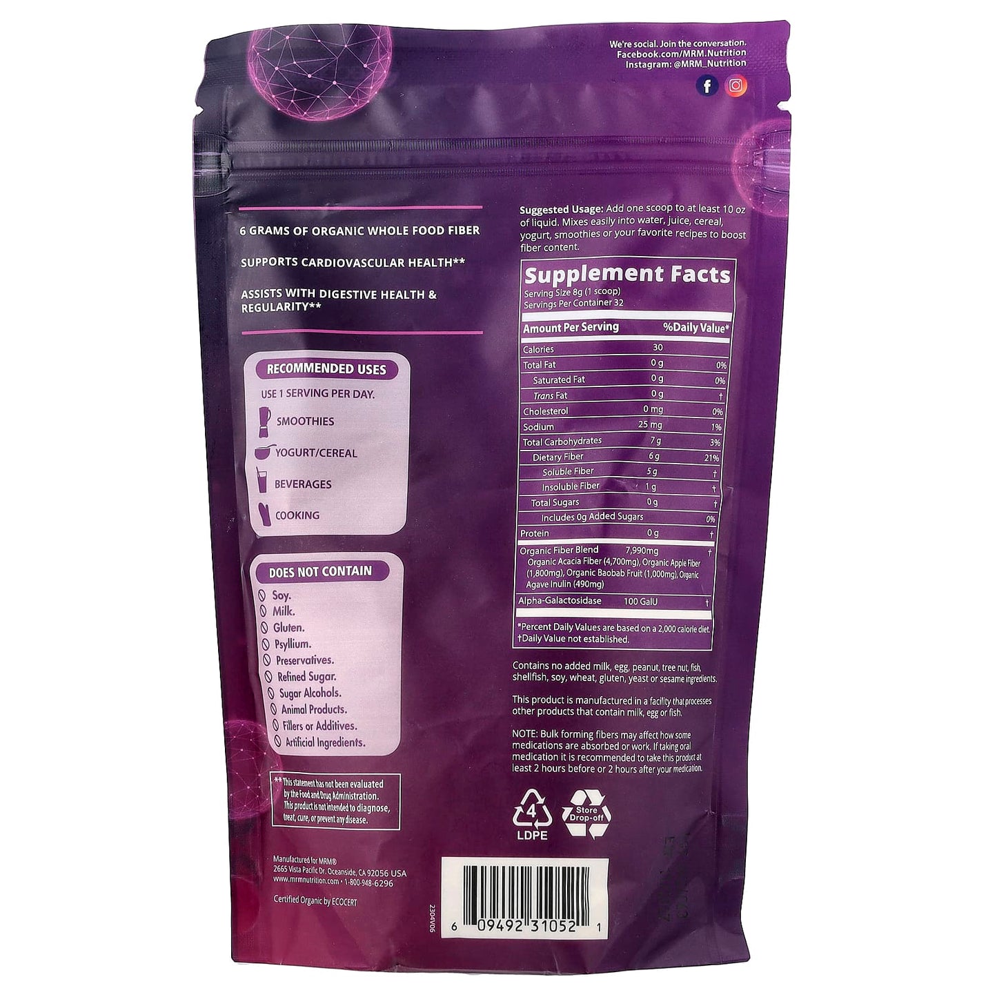 MRM Nutrition, Whole Food, Organic Fiber with Enzymes and Prebiotics, 9.03 oz (256 g) - Image 2