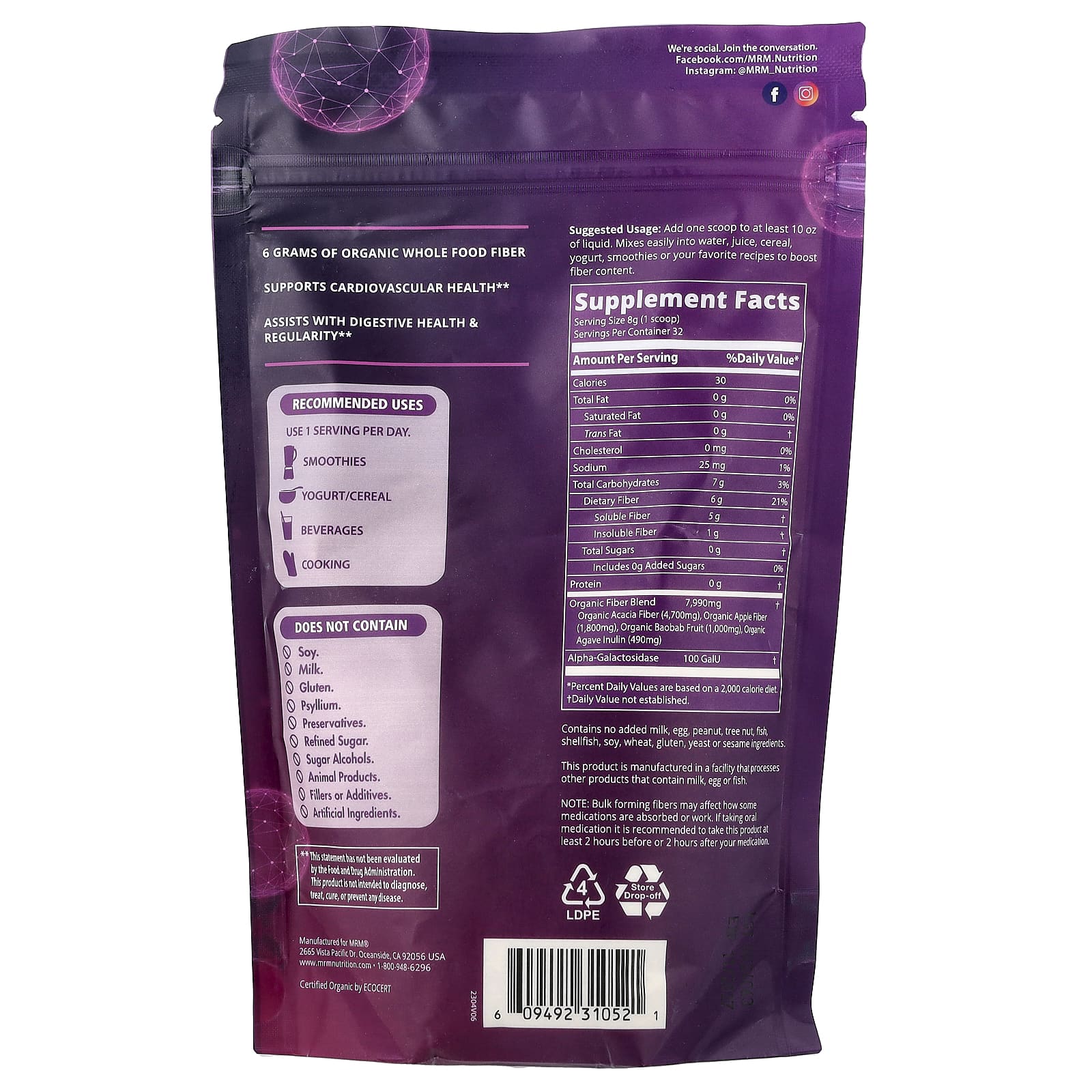 MRM Nutrition, Whole Food, Organic Fiber with Enzymes and Prebiotics, 9.03 oz (256 g) - Image 2