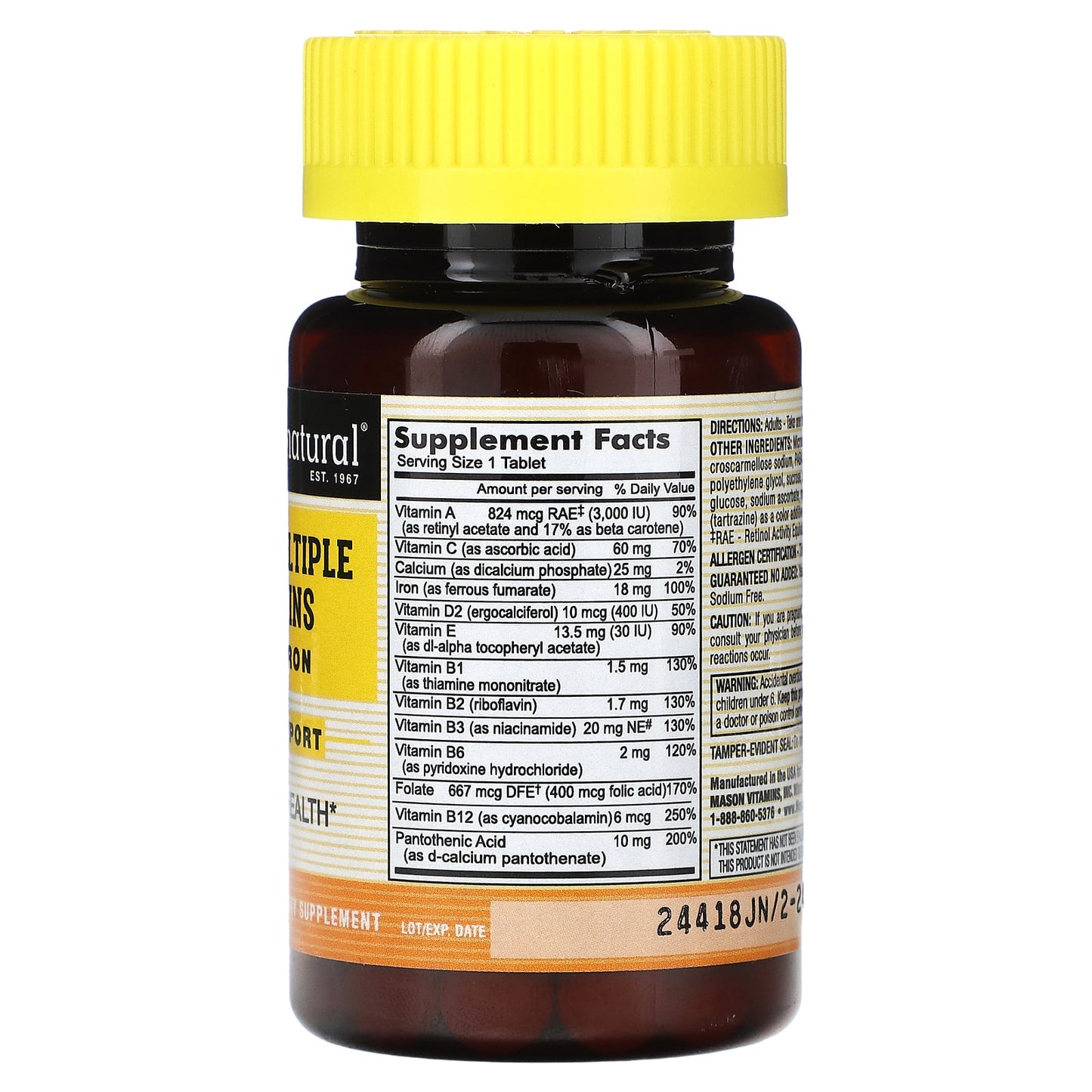 Mason Natural, Daily Multiple Vitamins With Iron, 100 Tablets - Image 2