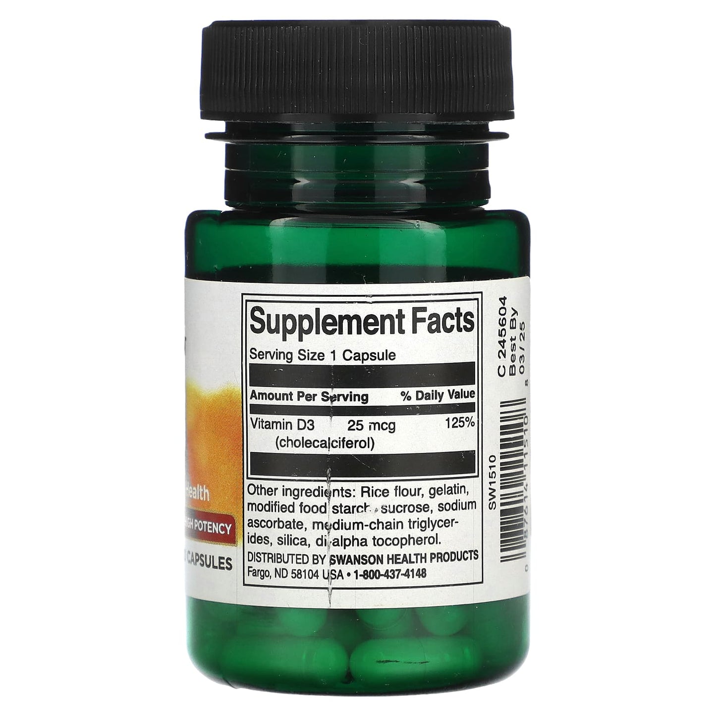 Swanson, Vitamin D3, High Potency, 25 mcg (1,000 IU), 60 Capsules - Image 2