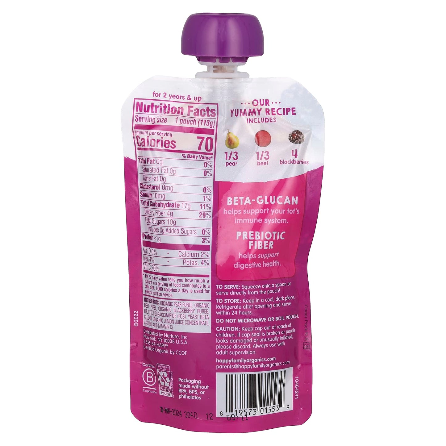 Happy Family Organics Super Bellies for Toddlers, Organic Pears, Beets & Blackberries, 4 oz - Image 2