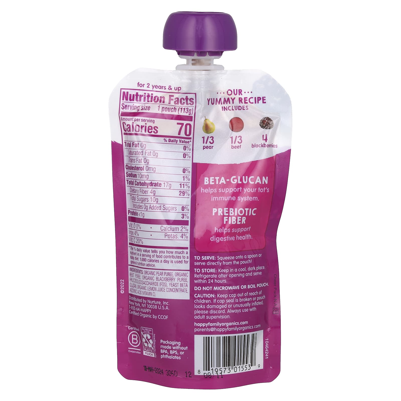 Happy Family Organics Super Bellies for Toddlers, Organic Pears, Beets & Blackberries, 4 oz - Image 2