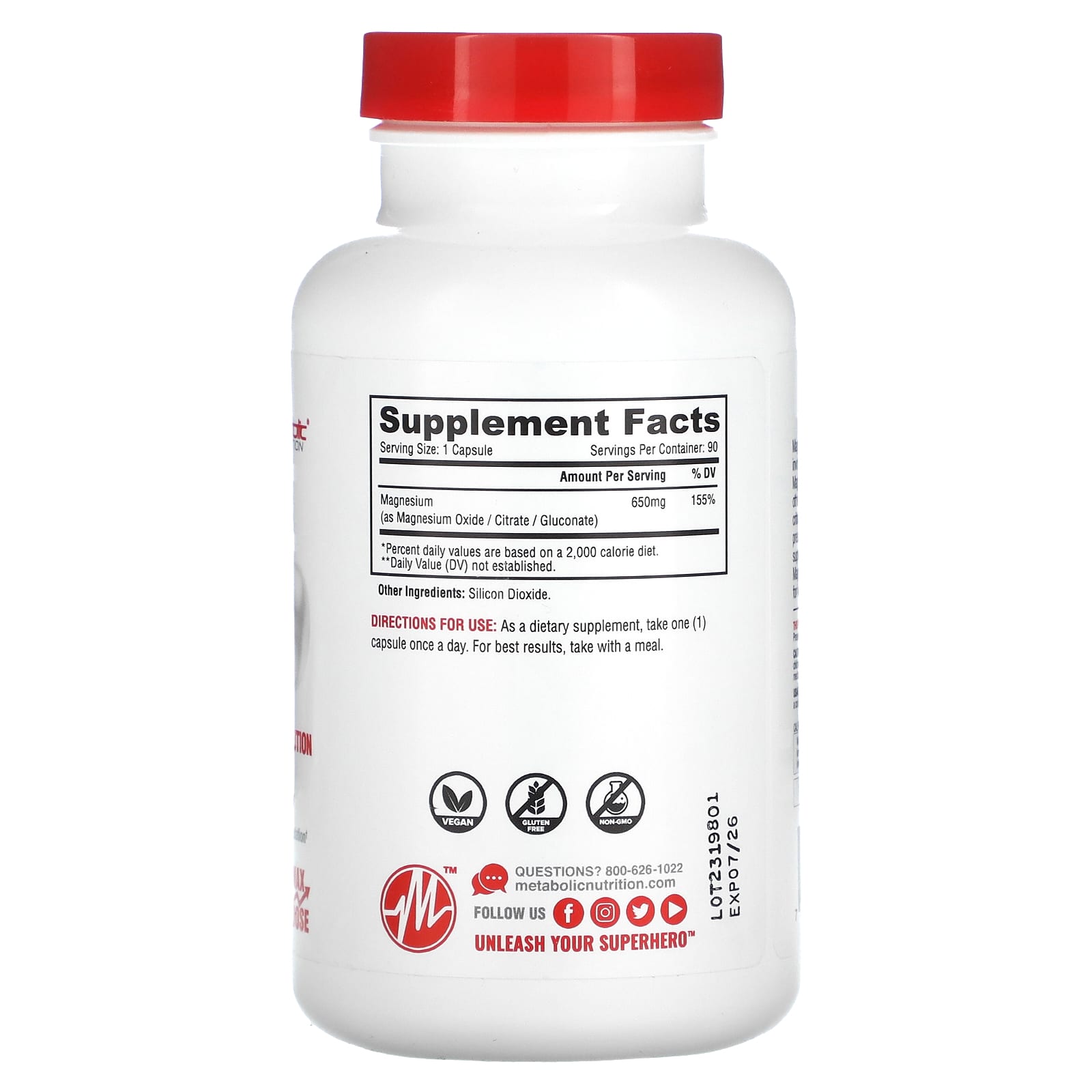 Metabolic Nutrition, Magnesium, Maximum Potency Formula, 650 mg, 90 Capsules - Image 2
