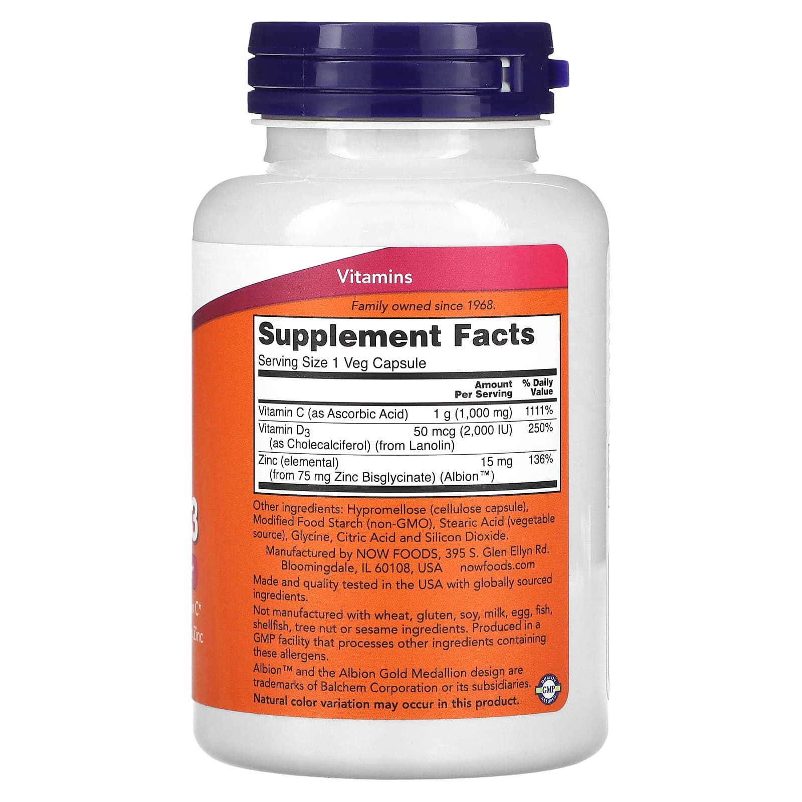 NOW Foods, C-1000 Zinc & D-3, 100 Veg Capsules - Image 2