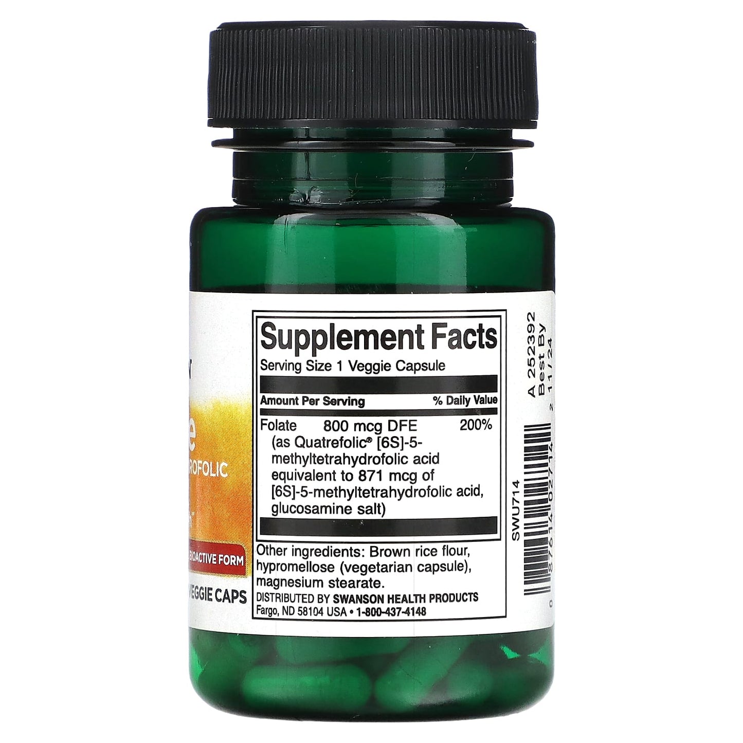 Swanson, Folate, 5-Methyltetrahydrofolic Acid, 800 mcg, 30 Veggie Caps - Image 2
