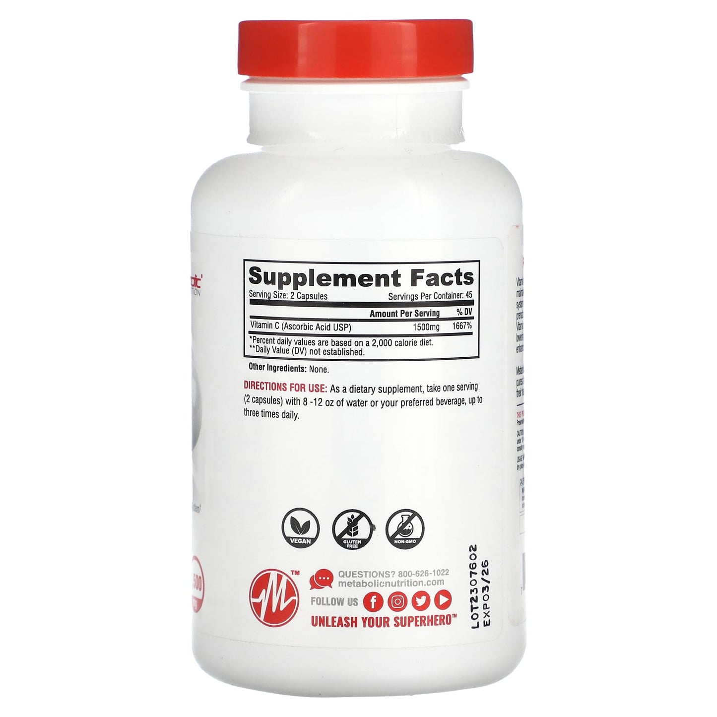 Metabolic Nutrition, Vitamin-C, 90 Capsules (750 mg per Capsule) - Image 2