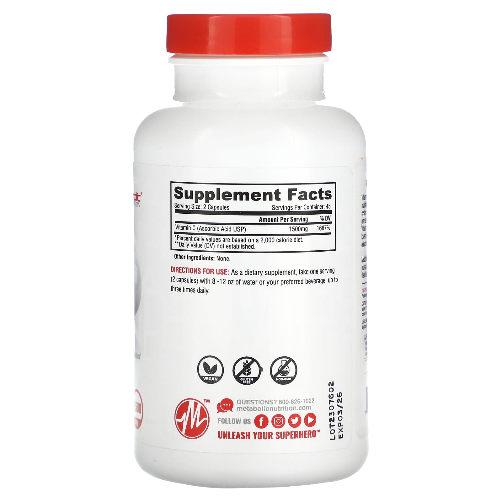 Metabolic Nutrition, Vitamin-C, 90 Capsules (750 mg per Capsule) - Image 2