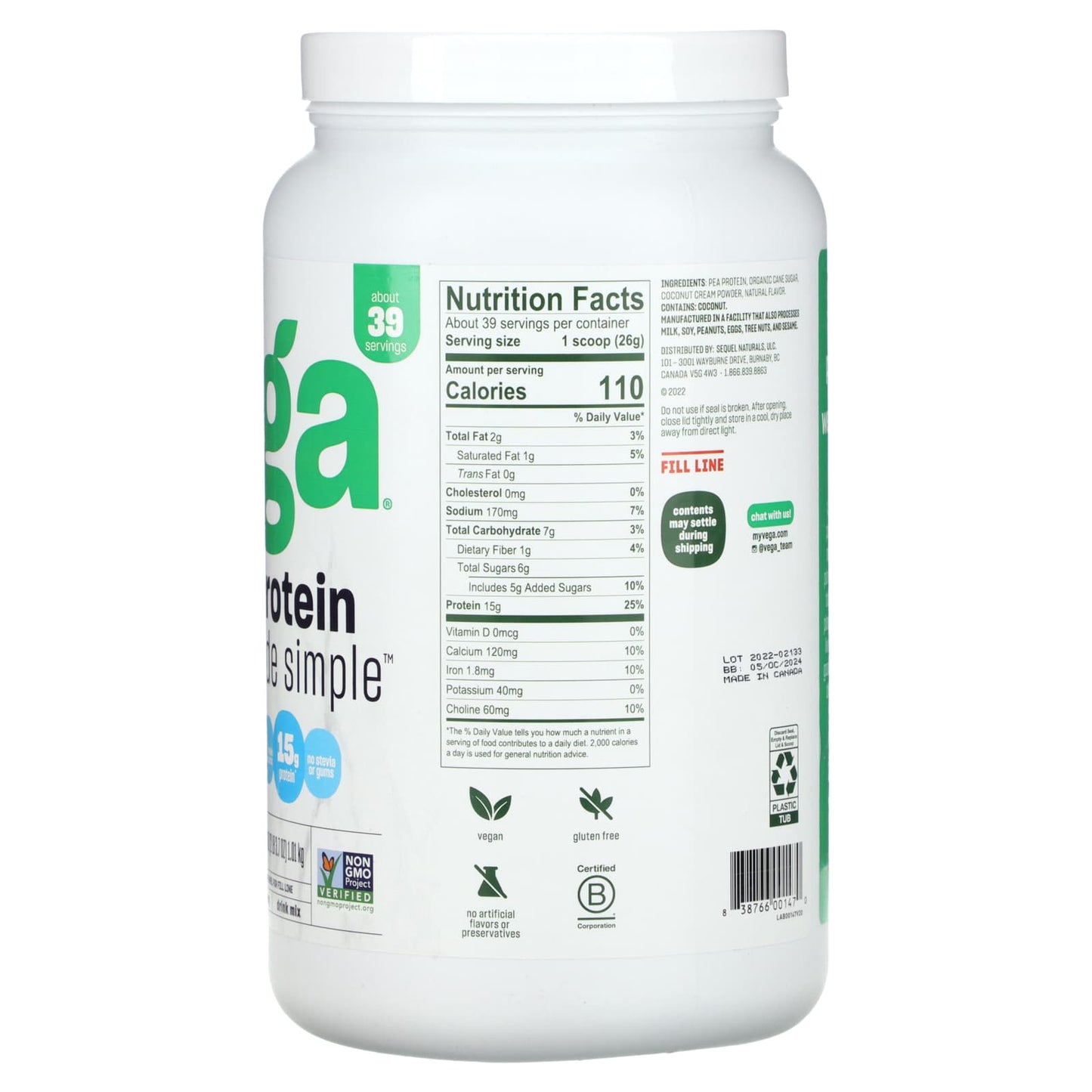 Vega, Plant-Based Protein Made Simple, Vanilla, 2 lbs (3.7 oz) - Image 2