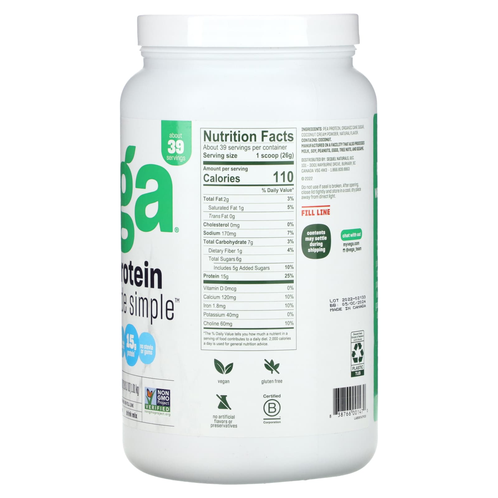 Vega, Plant-Based Protein Made Simple, Vanilla, 2 lbs (3.7 oz) - Image 2