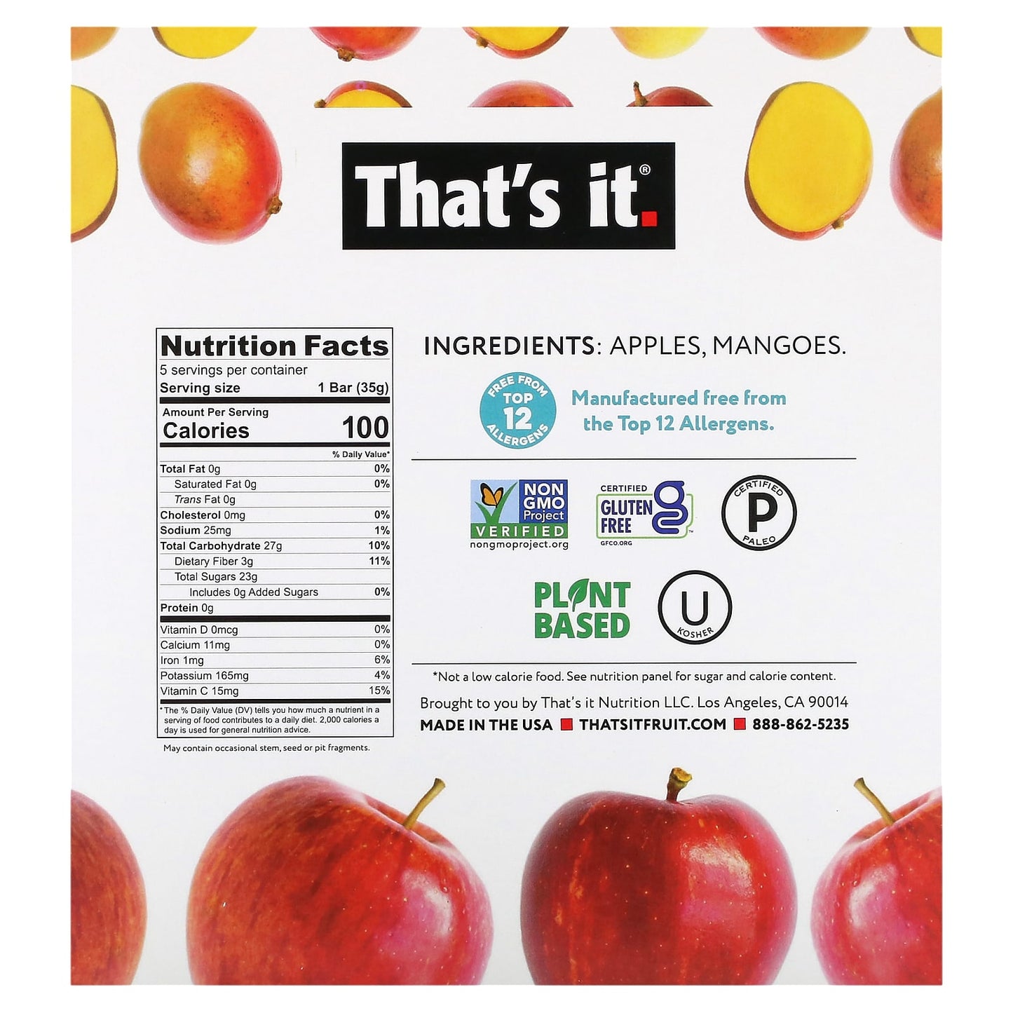 That's It, Fruit Bars, Apple + Mango, 5 Bars, 1.2 oz (35 g) Each - Image 2
