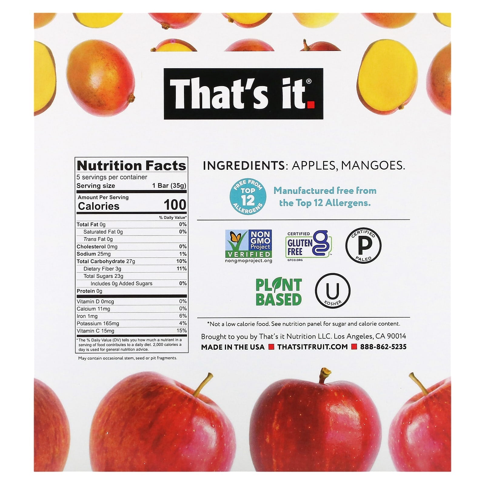 That's It, Fruit Bars, Apple + Mango, 5 Bars, 1.2 oz (35 g) Each - Image 2