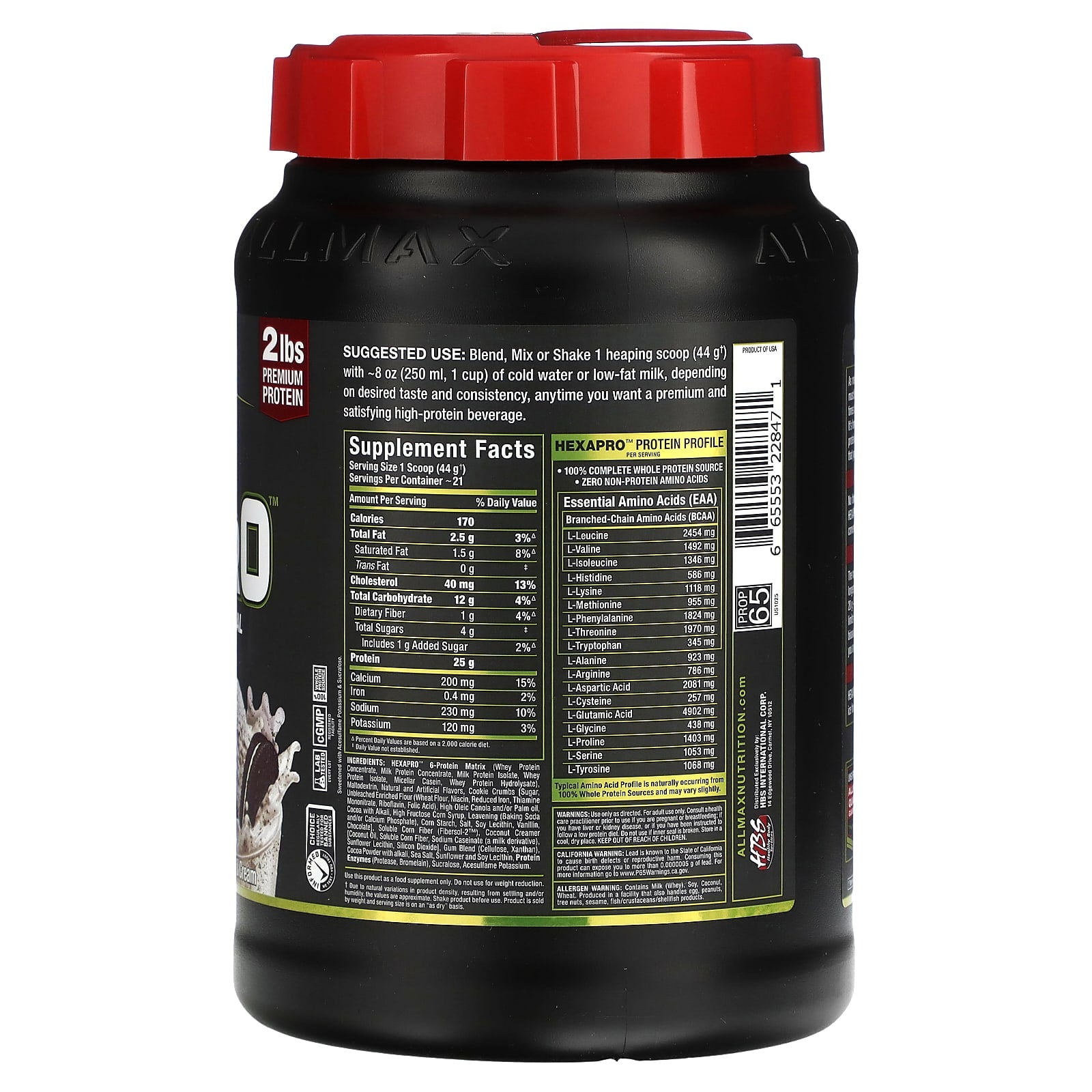 ALLMAX Hexapro High-Protein Lean Meal, Cookies & Cream, 2 lbs - Image 2