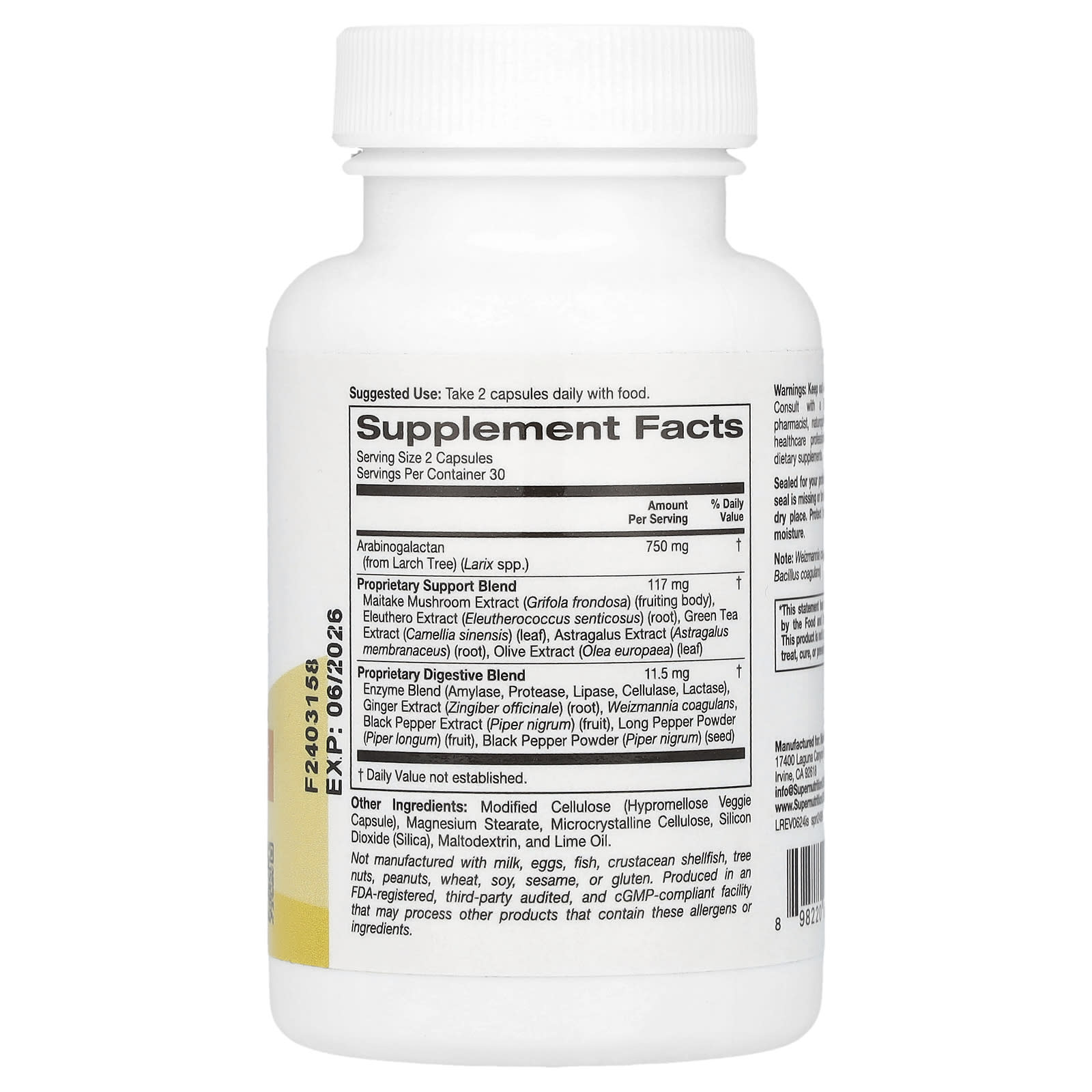 Super Nutrition, Immune Support with Arabinogalactan, Maitake Mushroom Extract, Eleuthero Extract, and Green Tea Extract, 60 Veggie Capsules