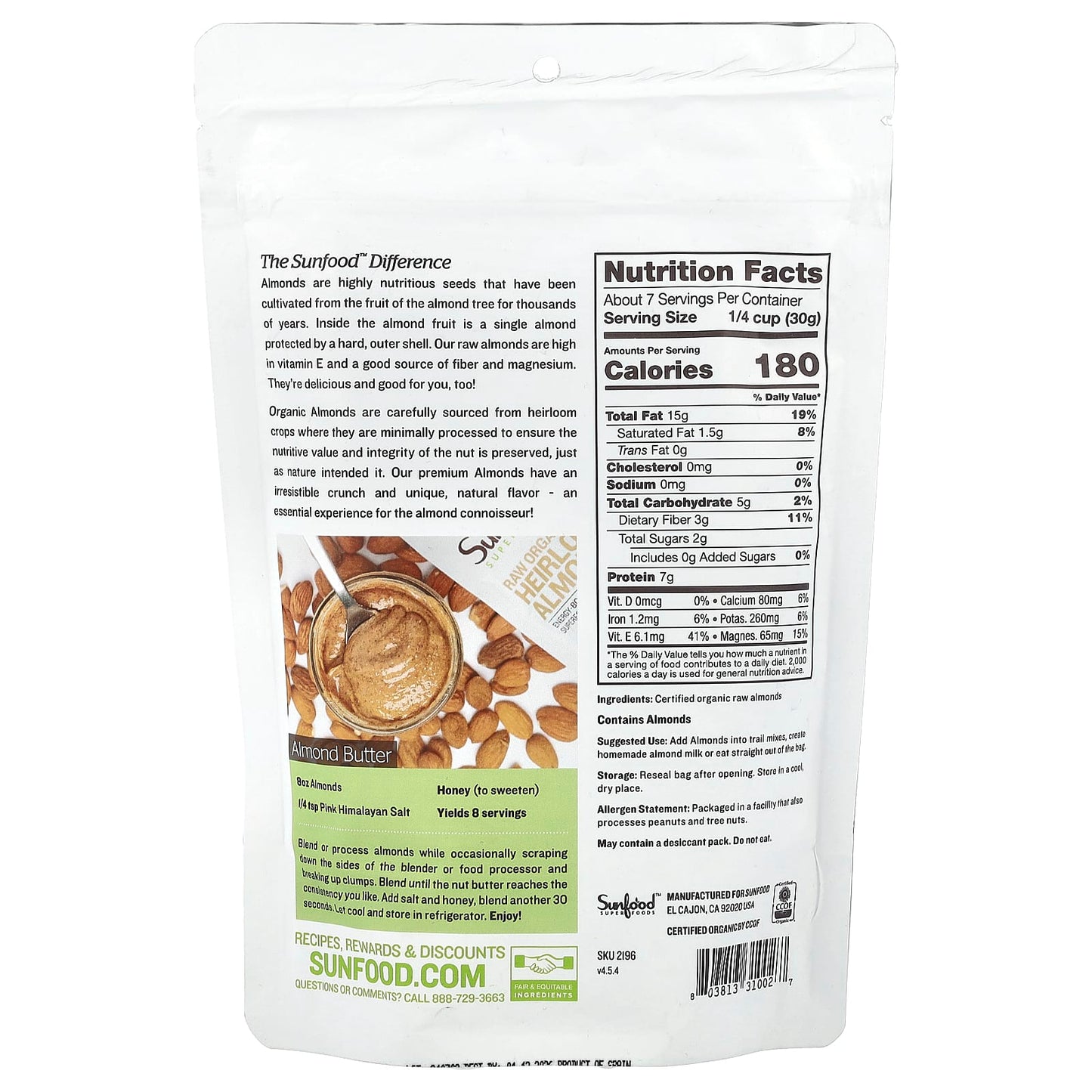 Sunfood, Organic Heirloom Almonds, 8 oz (227 g) - Image 2