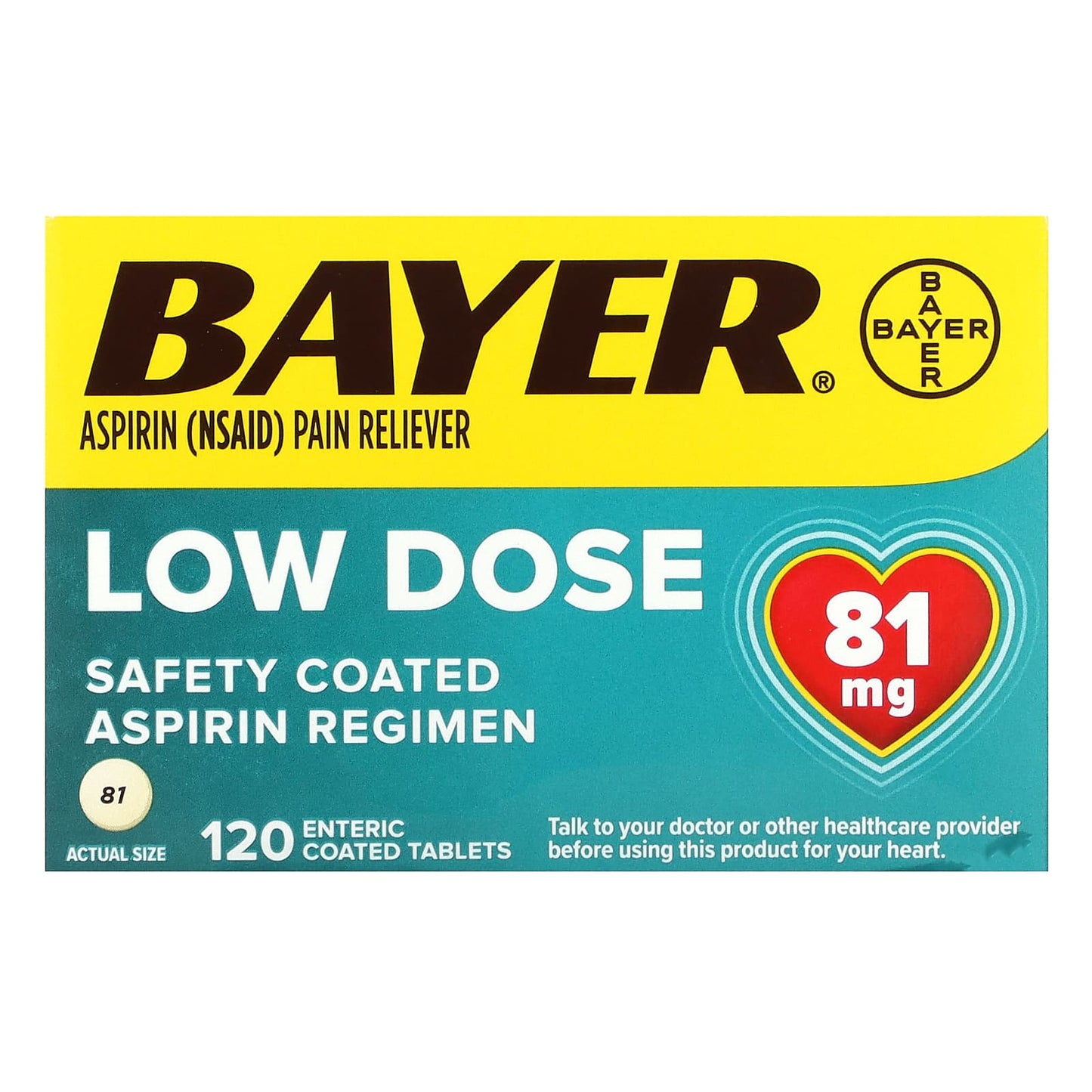 Bayer Safety Coated Aspirin Regimen, Low Dose 81mg, 120 Tablets - Image 1