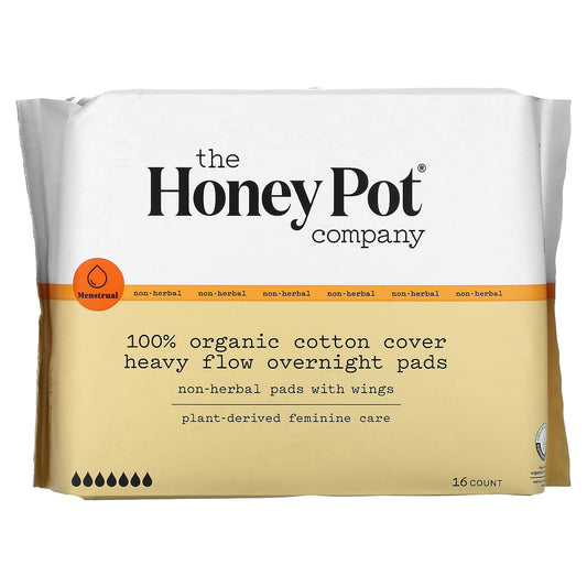 The Honey Pot Company, 100% Organic Cotton Cover Heavy Flow Overnight Pads, 16 Count - Image 1