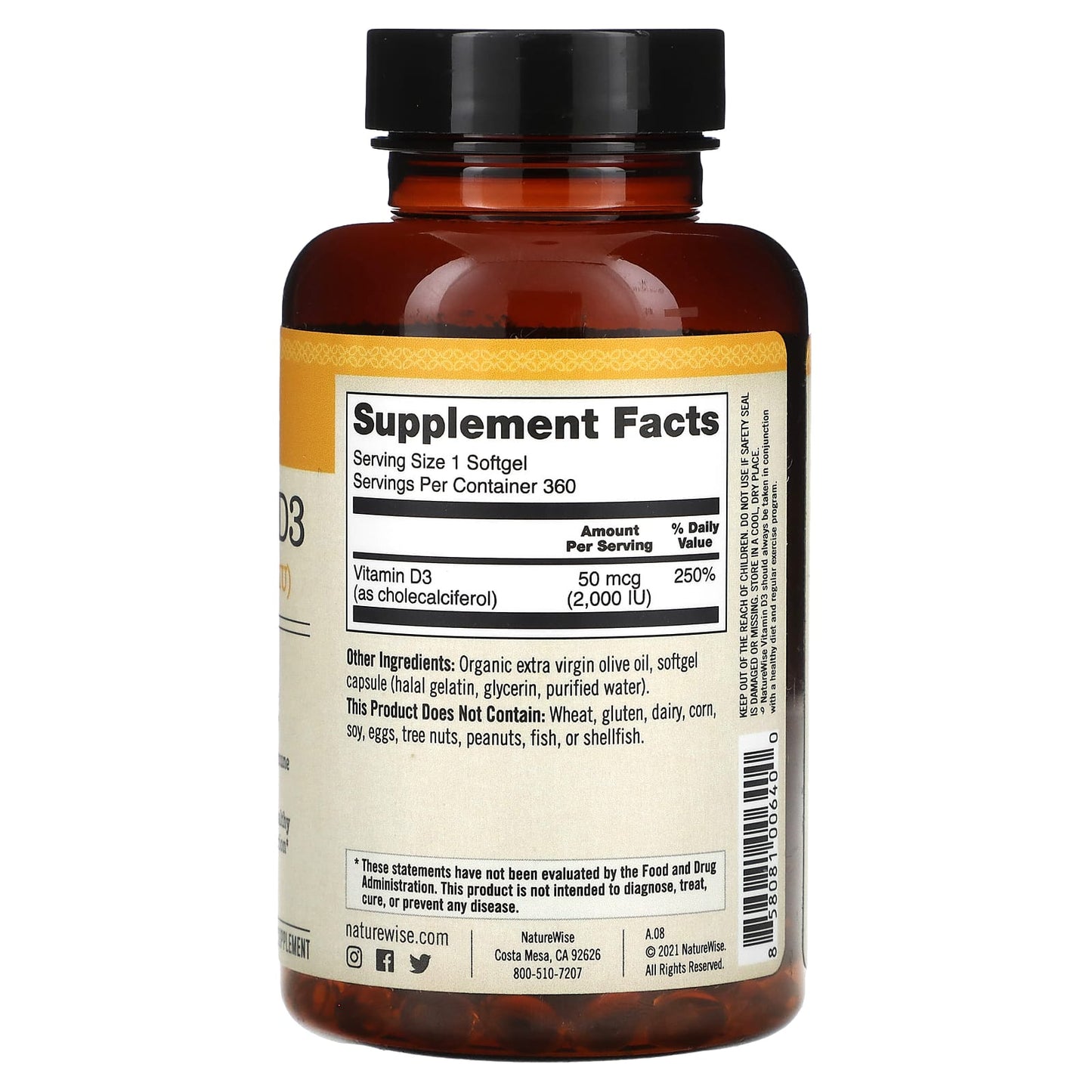 NatureWise, Vitamin D3, 50 mcg (2,000 IU), 360 Softgels - Image 2