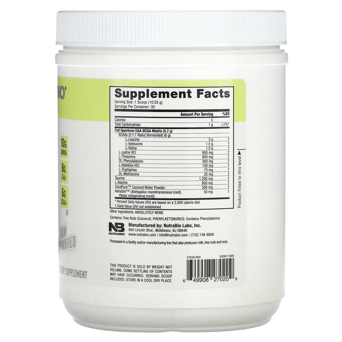 NutraBio, EAA, Raw Unflavored, 0.70 lb (317 g) - Image 2