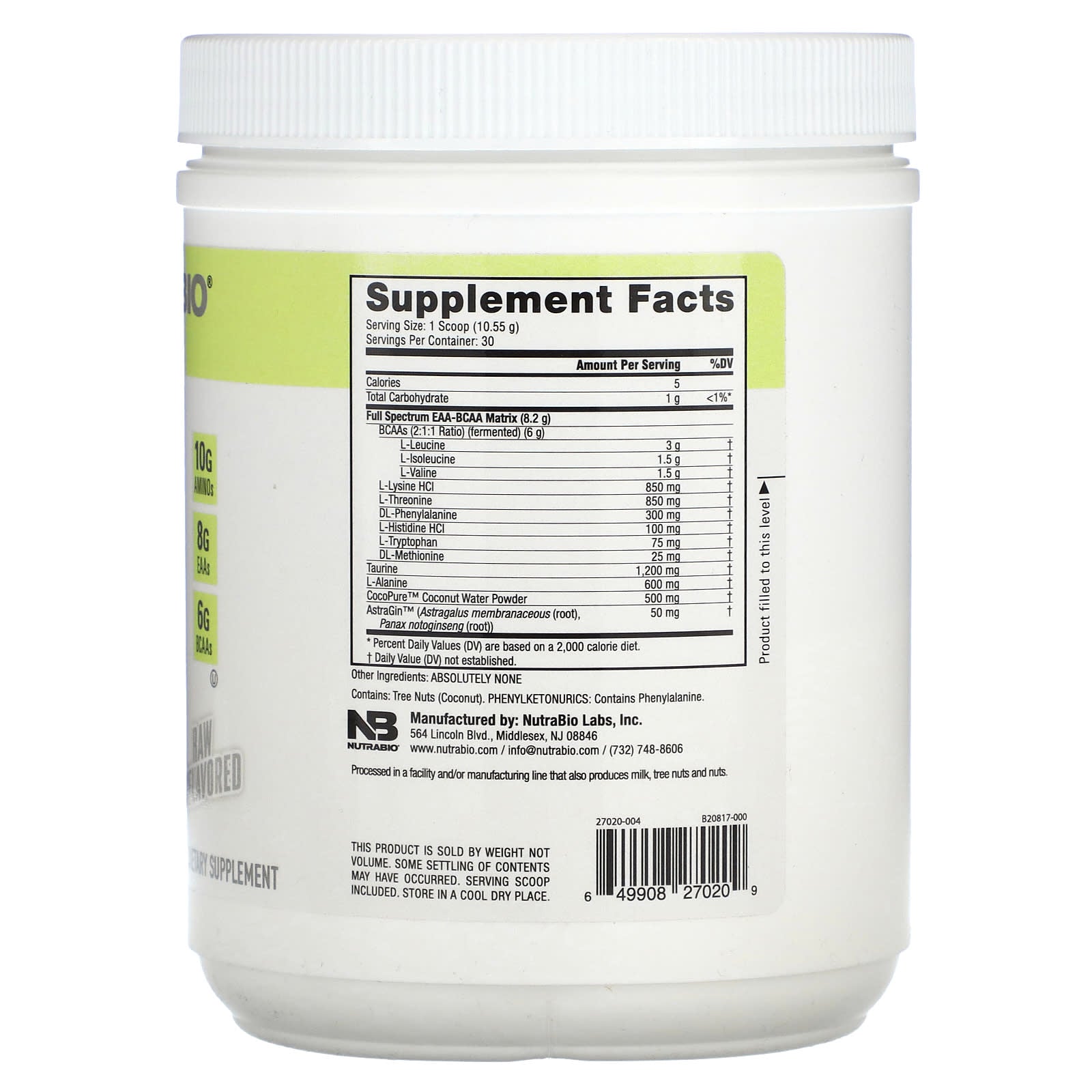 NutraBio, EAA, Raw Unflavored, 0.70 lb (317 g) - Image 2