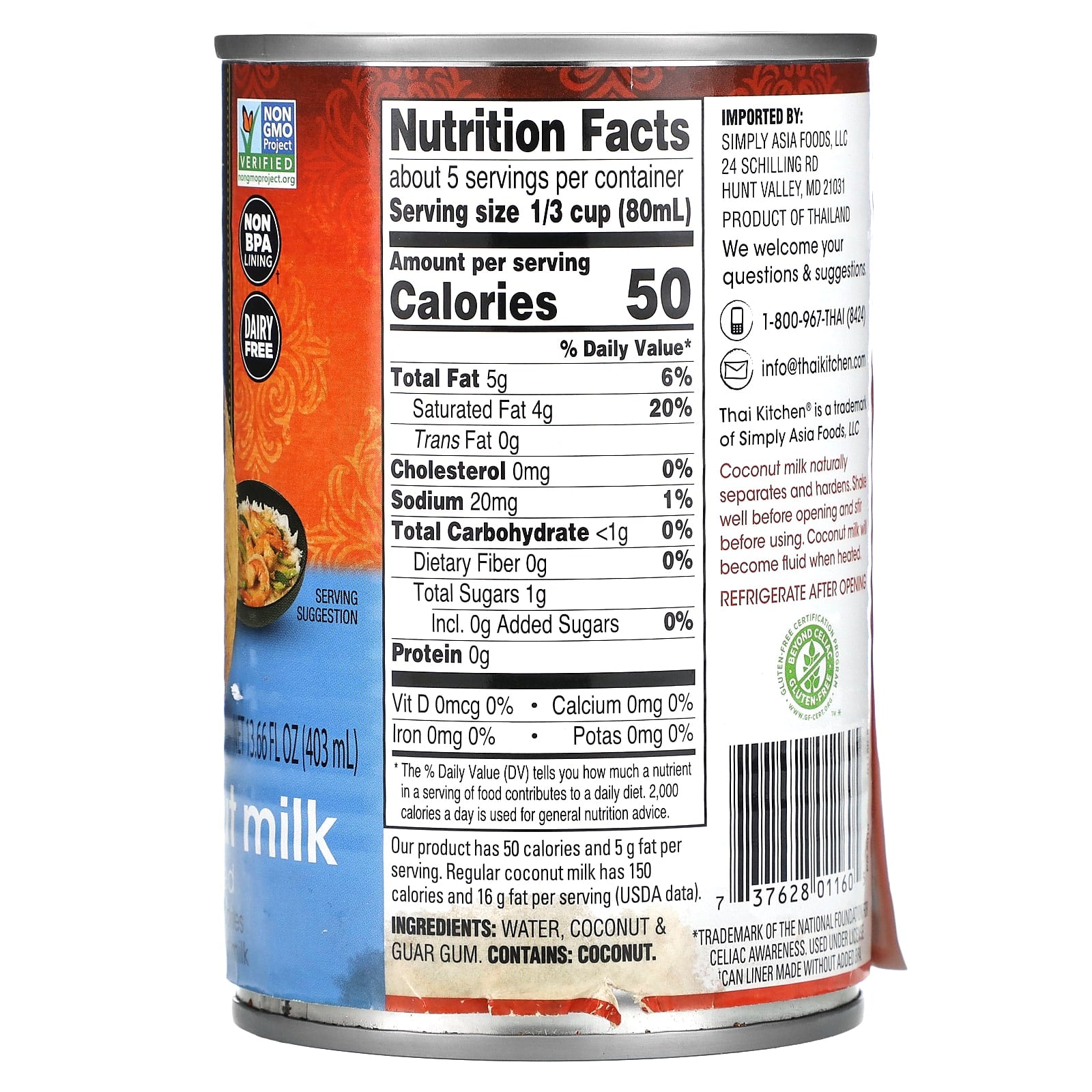 Thai Kitchen, Lite Coconut Milk, Unsweetened, 13.66 fl oz (403 ml) - Image 2