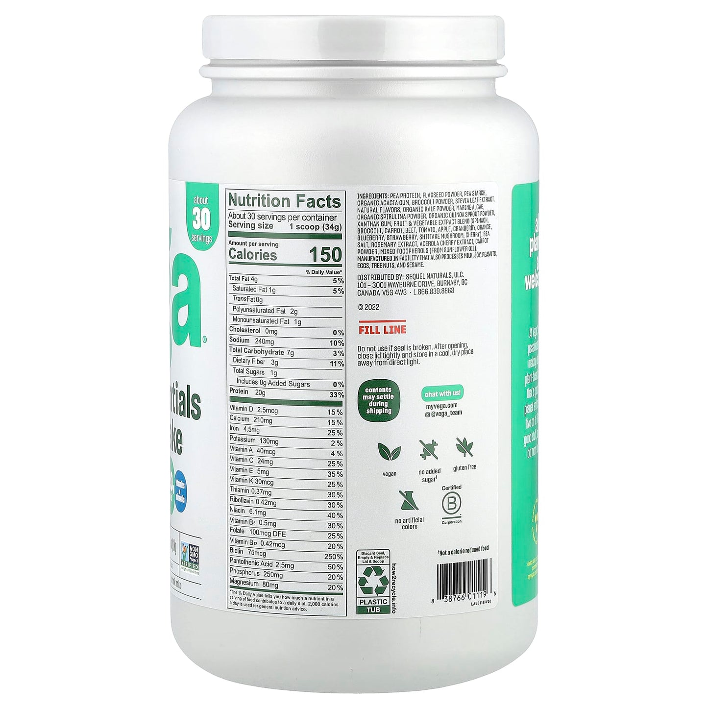Vega, Plant-Based Essentials Shake, Vanilla, 2 lb 4.4 oz (1 kg) - Image 2