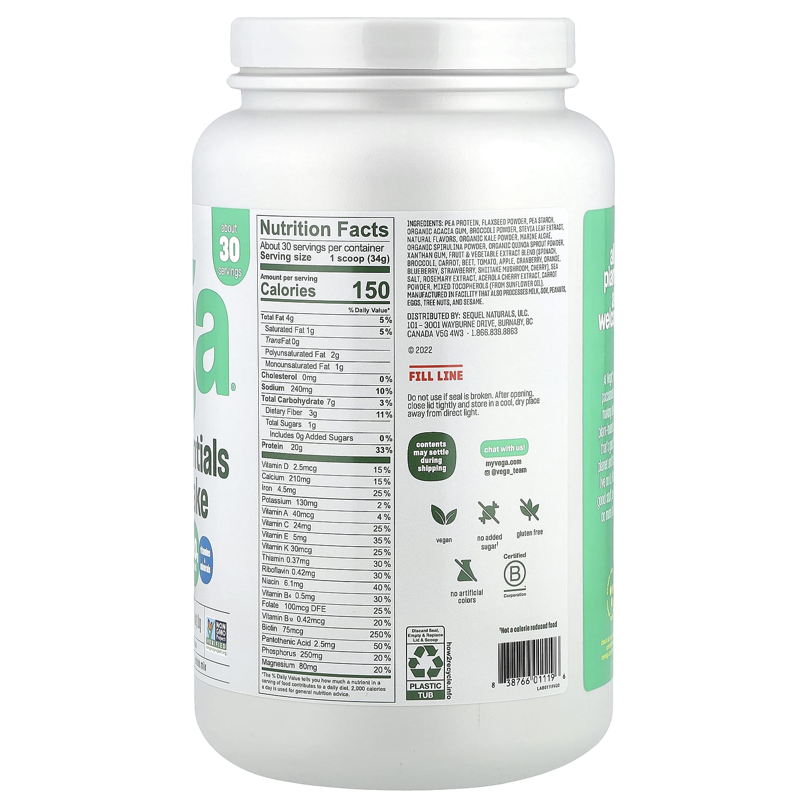 Vega, Plant-Based Essentials Shake, Vanilla, 2 lb 4.4 oz (1 kg) - Image 2