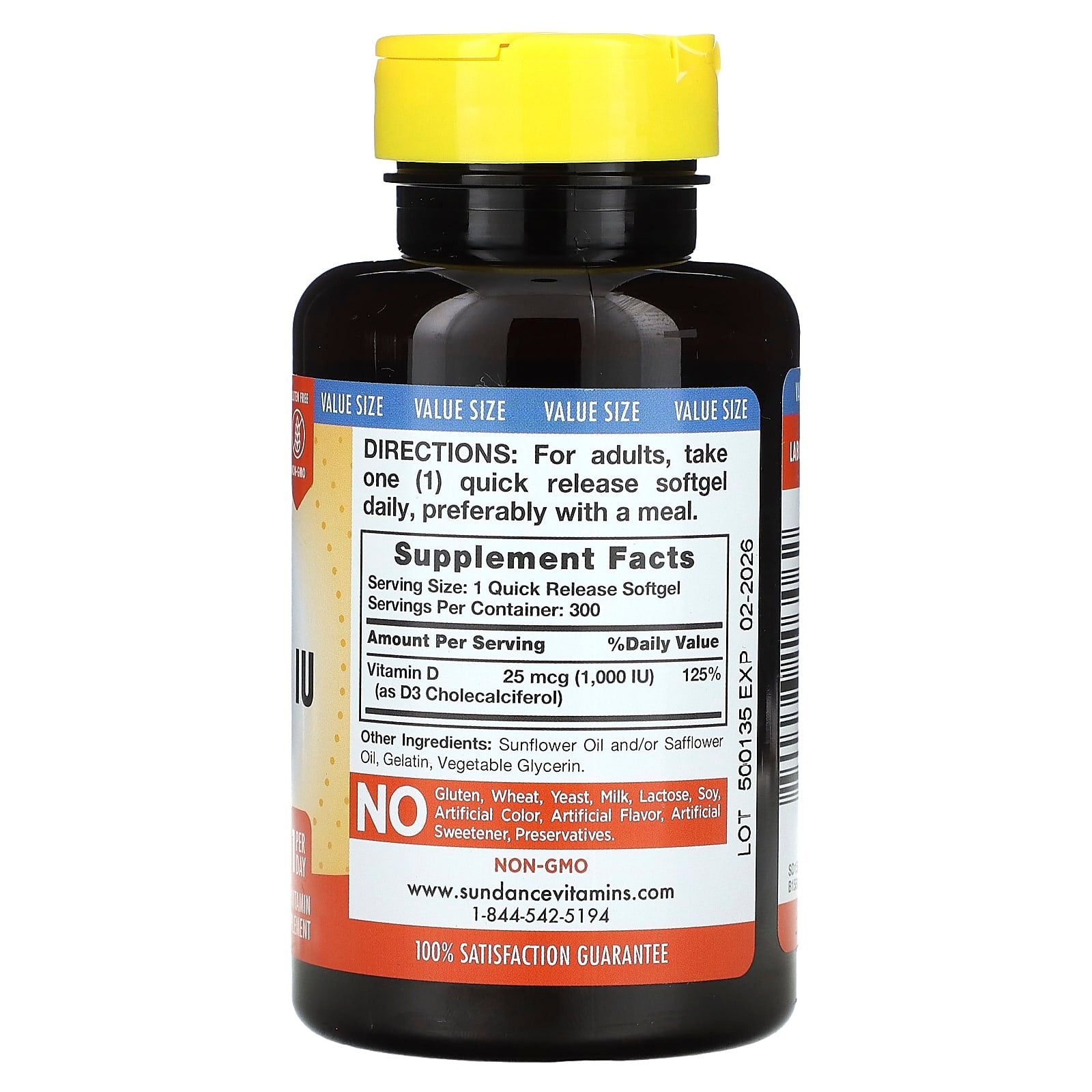 Sundance Vitamins, High Potency D3, 25 mcg (1,000 IU), 300 Quick Release Softgels - Image 2