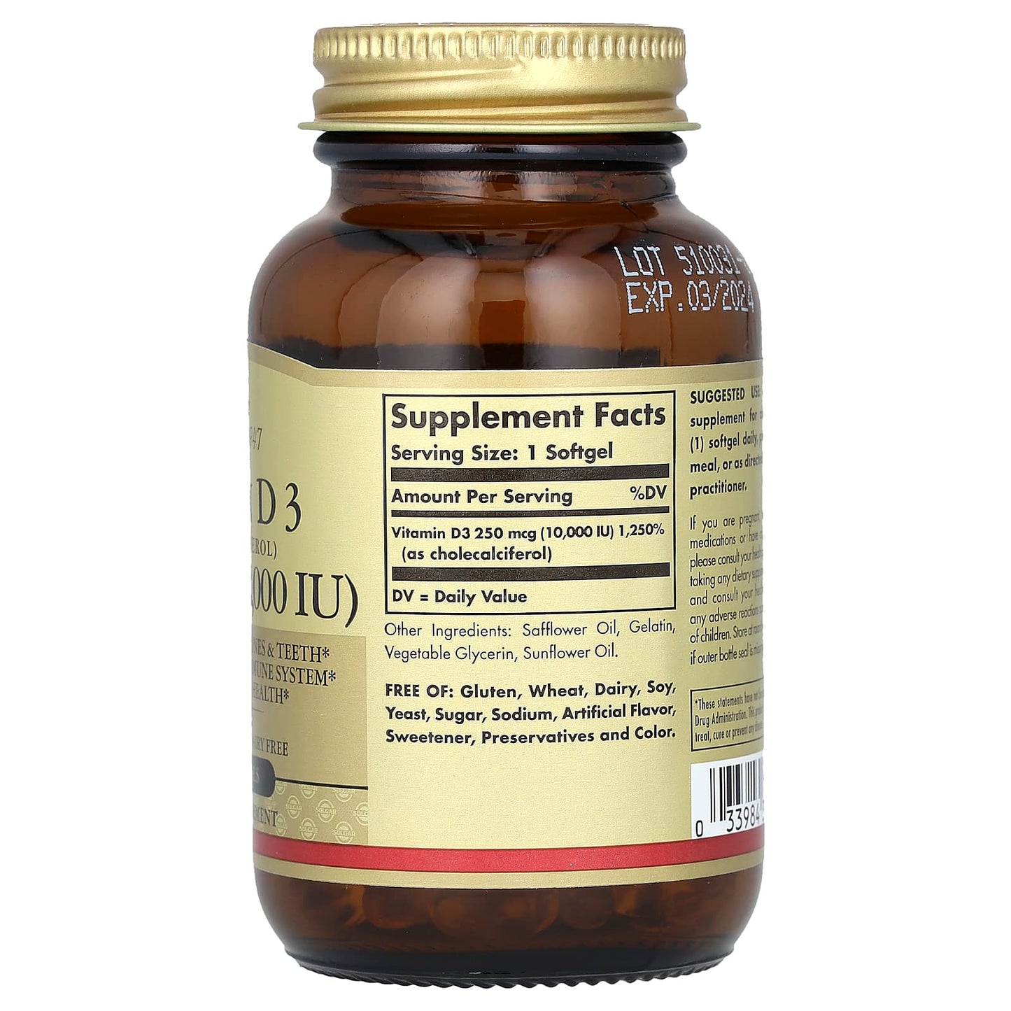 Solgar, Vitamin D3 (Cholecalciferol), 250 mcg (10,000 IU), 120 Softgels - Image 2