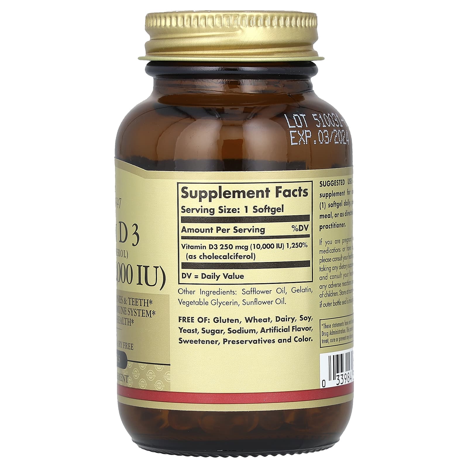 Solgar, Vitamin D3 (Cholecalciferol), 250 mcg (10,000 IU), 120 Softgels - Image 2