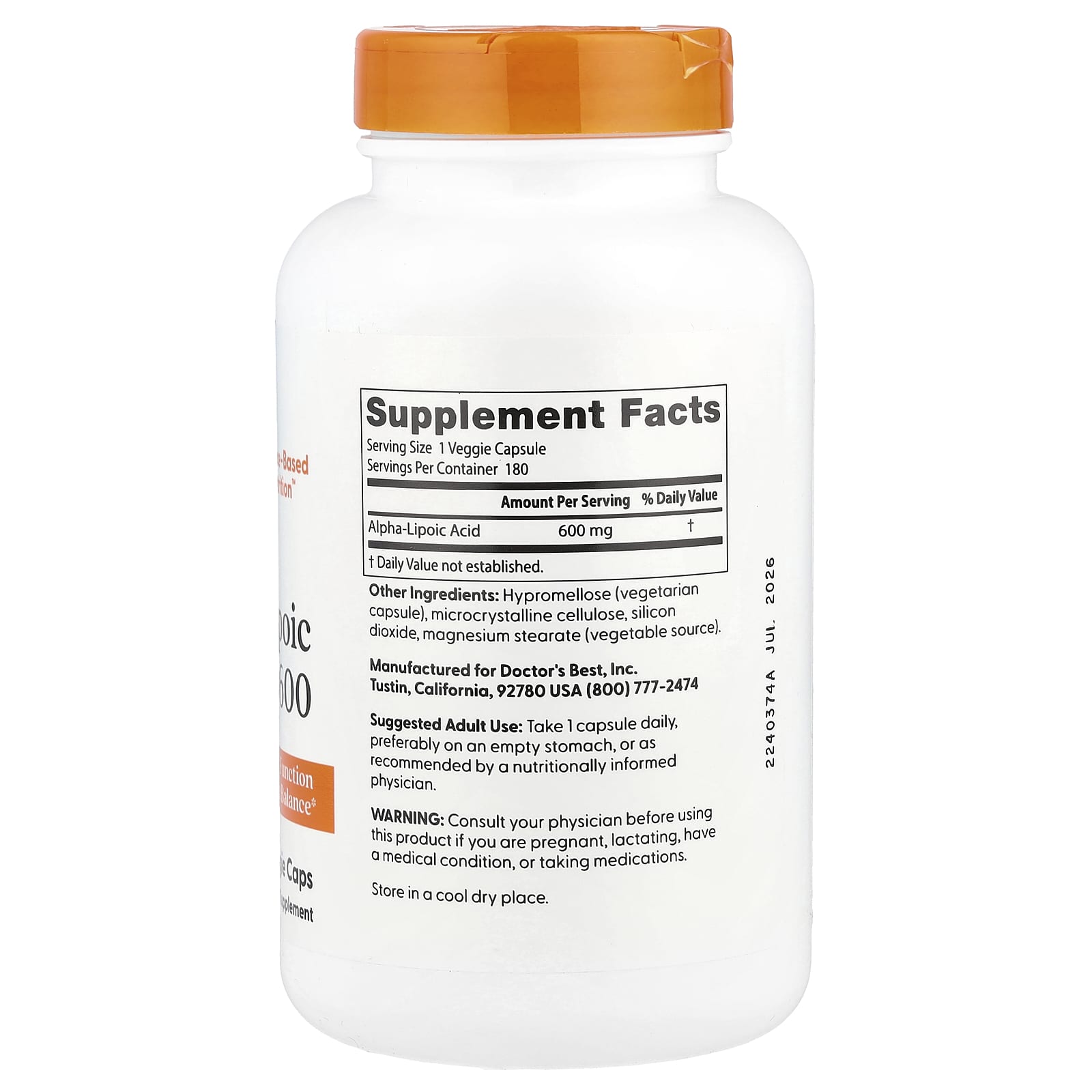 Doctor's Best, Alpha-Lipoic Acid 600, 600 mg, 180 Veggie Caps