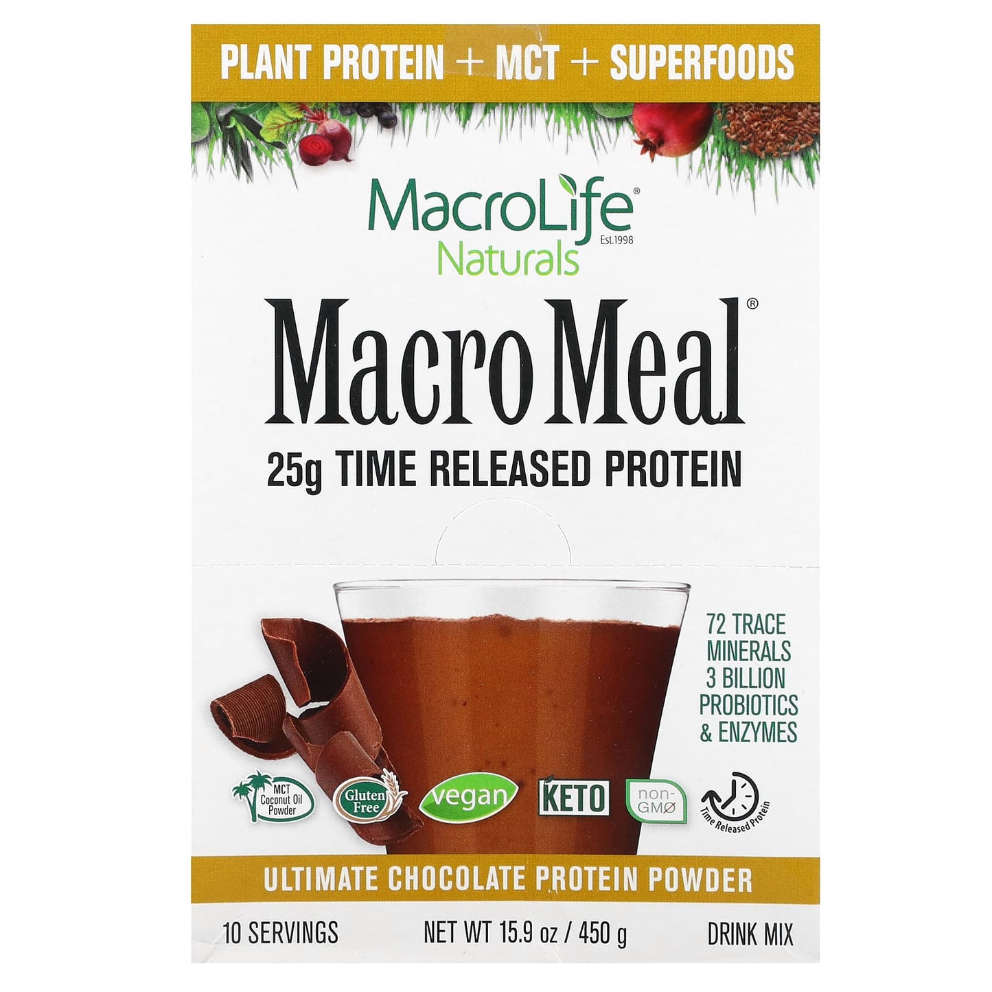 Macrolife Naturals, MacroMeal Ultimate Protein Powder, Chocolate , 10 Packets, 1.6 oz (45 g) Each - Image 1