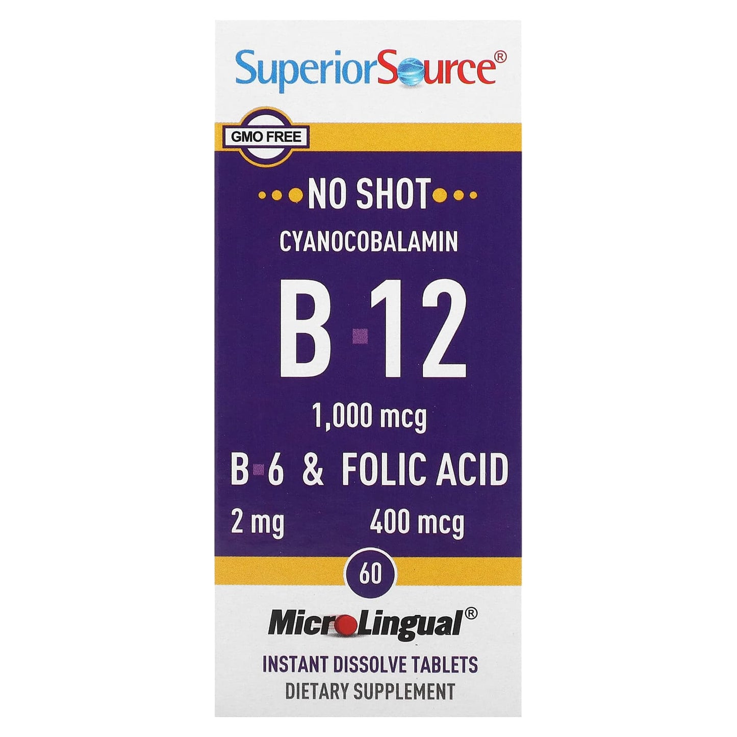 Superior Source, Cyanocobalamin & B-12 &  B-6 & Folic Acid, 1,000 mcg & 2 mg & 400 mcg, 60 MicroLingual Instant Dissolve Tablets - Image 1
