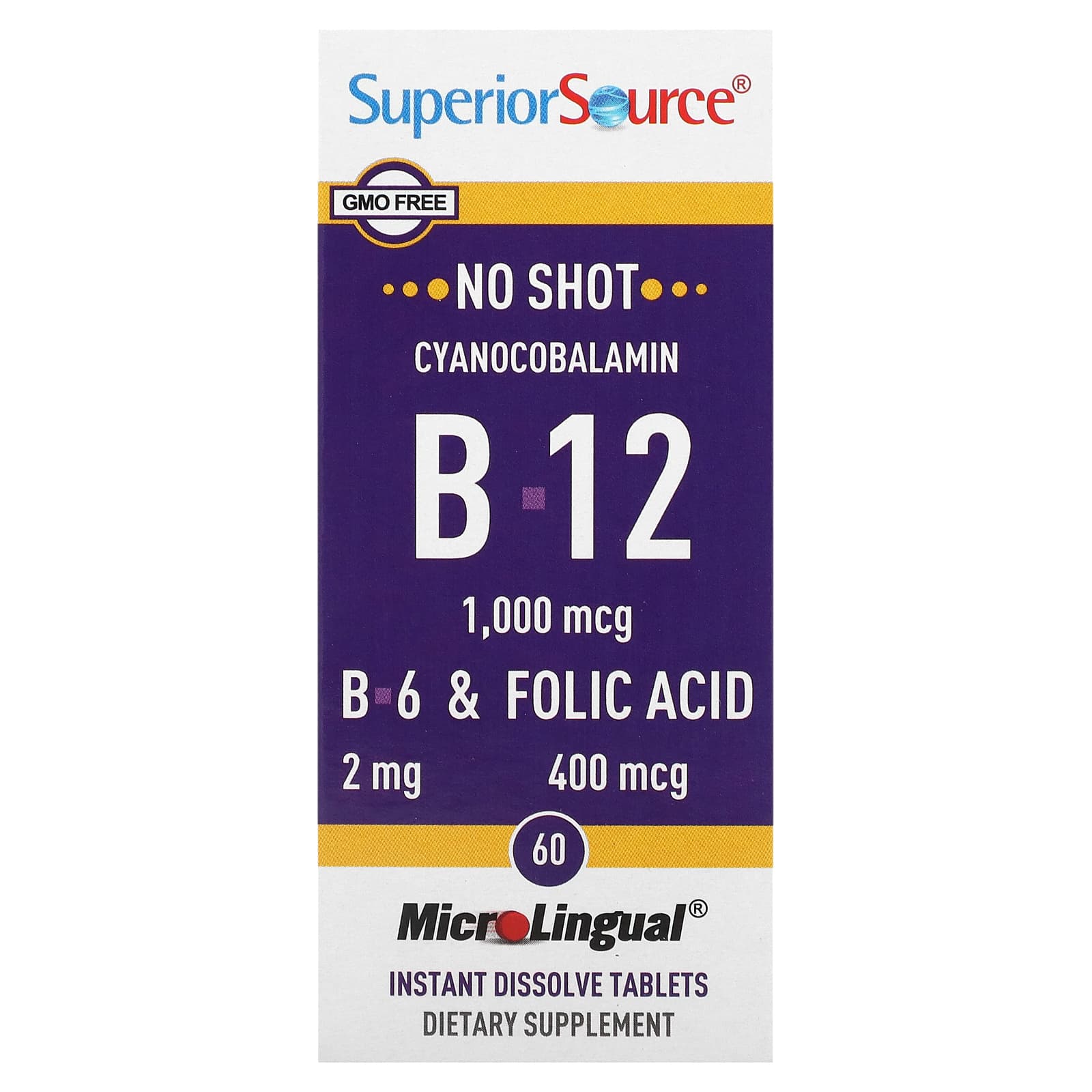 Superior Source, Cyanocobalamin & B-12 &  B-6 & Folic Acid, 1,000 mcg & 2 mg & 400 mcg, 60 MicroLingual Instant Dissolve Tablets - Image 1