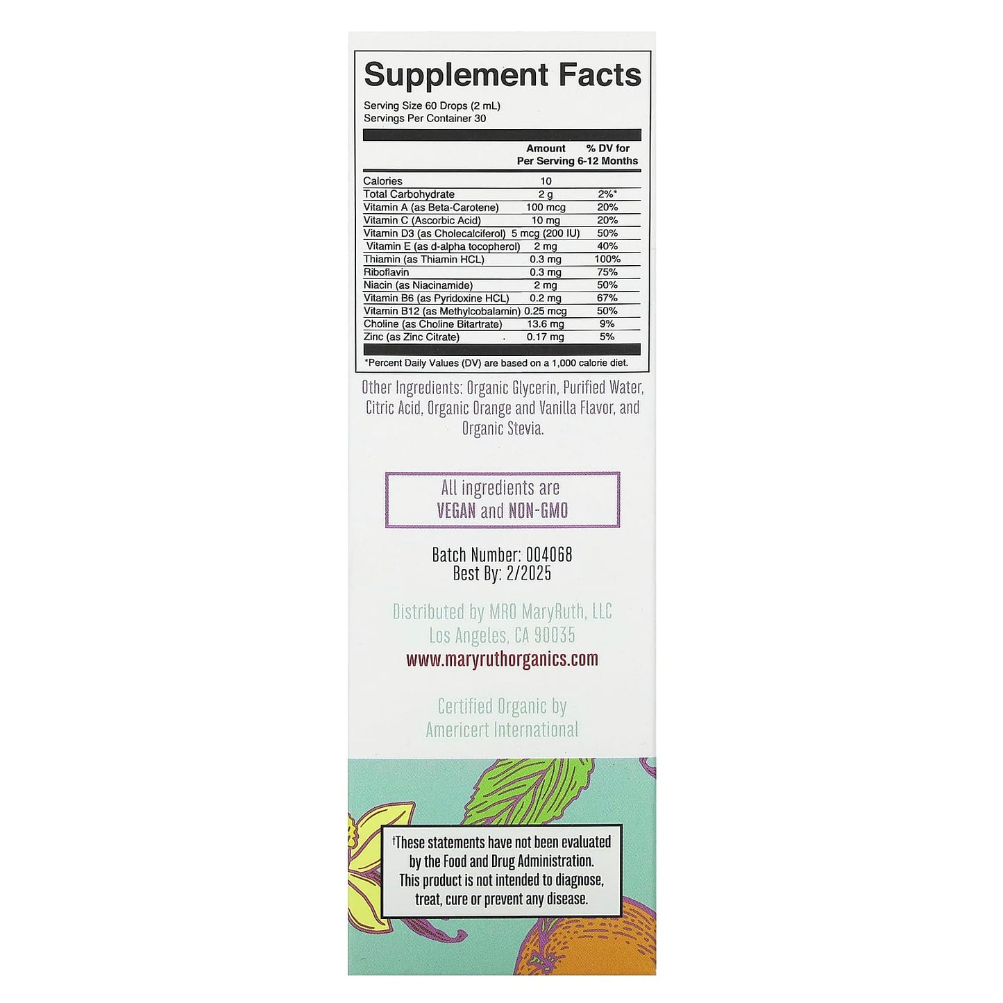 MaryRuth's, Organic Infant Multivitamin Liquid Drops, Iron Free, 6-12 Months, Orange Vanilla, 2 fl oz (60 ml) - Image 2