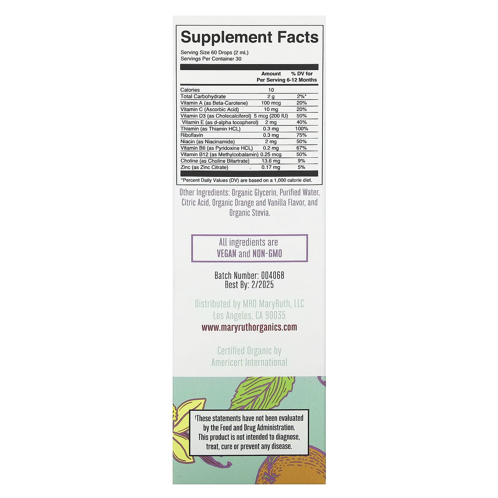 MaryRuth's, Organic Infant Multivitamin Liquid Drops, Iron Free, 6-12 Months, Orange Vanilla, 2 fl oz (60 ml) - Image 2