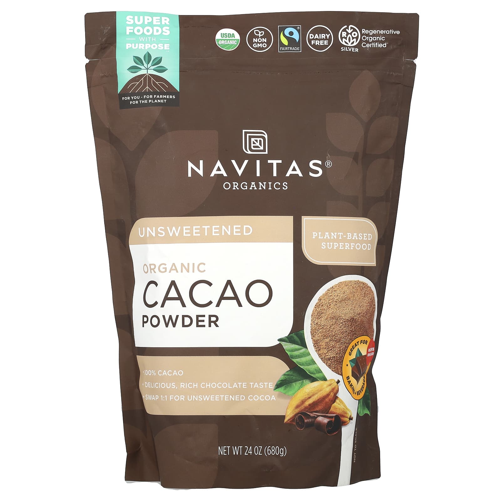 Navitas Organics, Organic Cacao Powder, Unsweetened, 24 oz (680 g) - Image 1