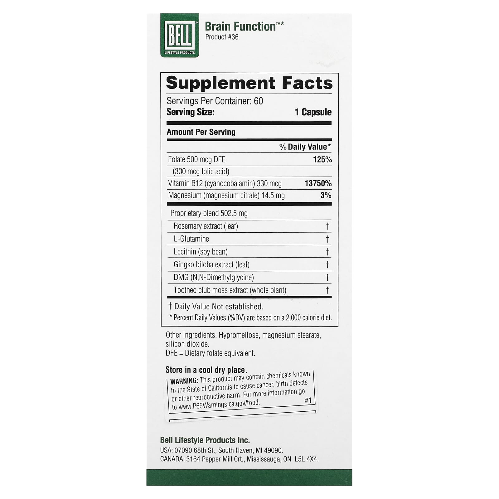 Bell Lifestyle Brain Function Supplement, 60 Veggie Capsules - Image 2