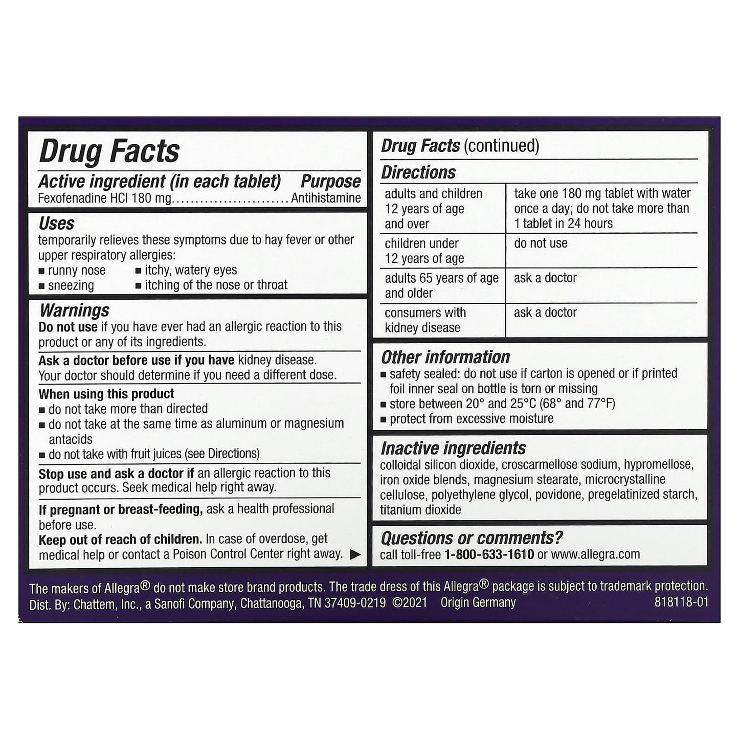 Allegra 24HR Non-Drowsy Allergy Relief 180mg 40 Tablets - Image 2