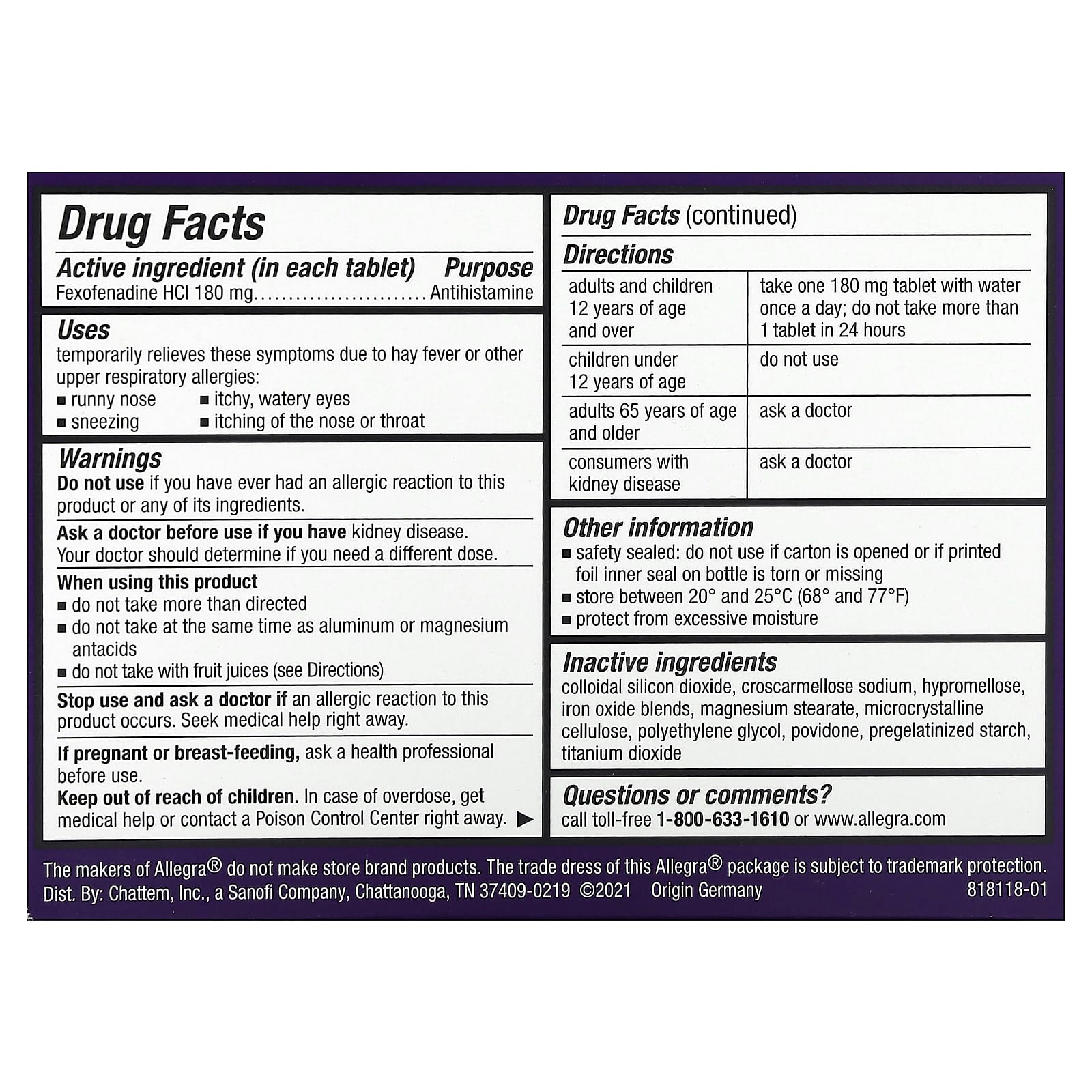 Allegra 24HR Non-Drowsy Allergy Relief 180mg 40 Tablets - Image 2