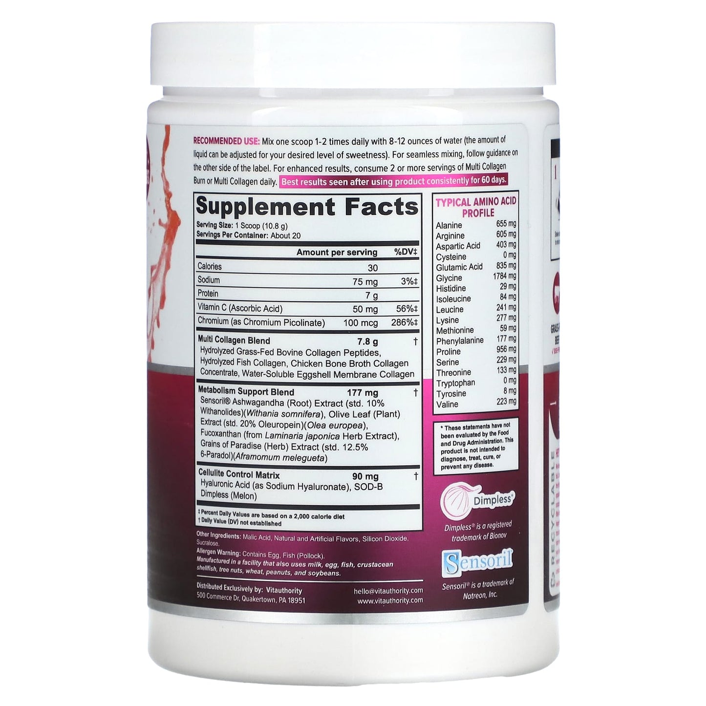 Vitauthority, Multi Collagen Burn, Strawberry Lemonade, 7.62 oz (216 g) - Image 2