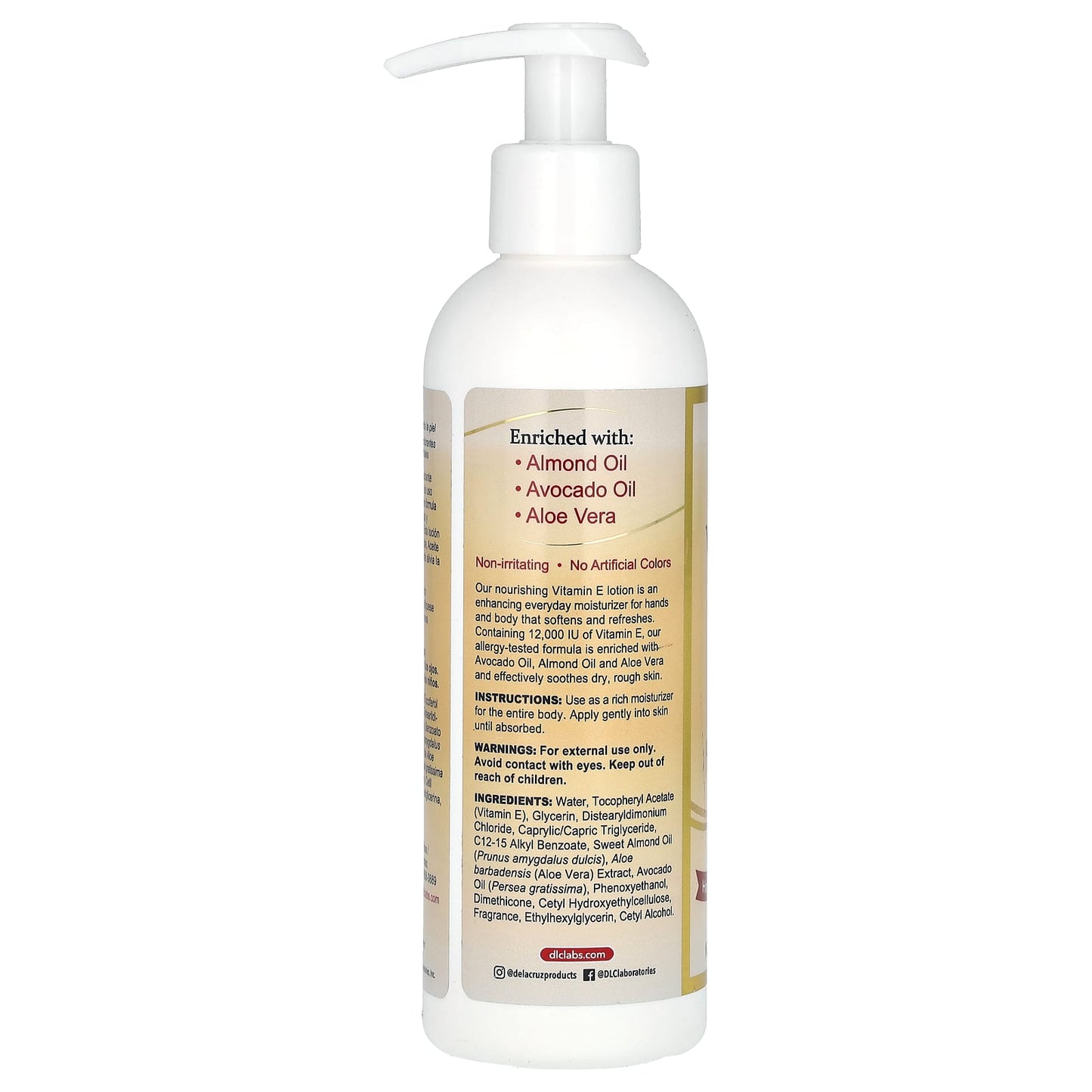 De La Cruz Vitamin E Lotion for Soft Hands & Body, 12,000 IU, 8 fl oz - Image 2