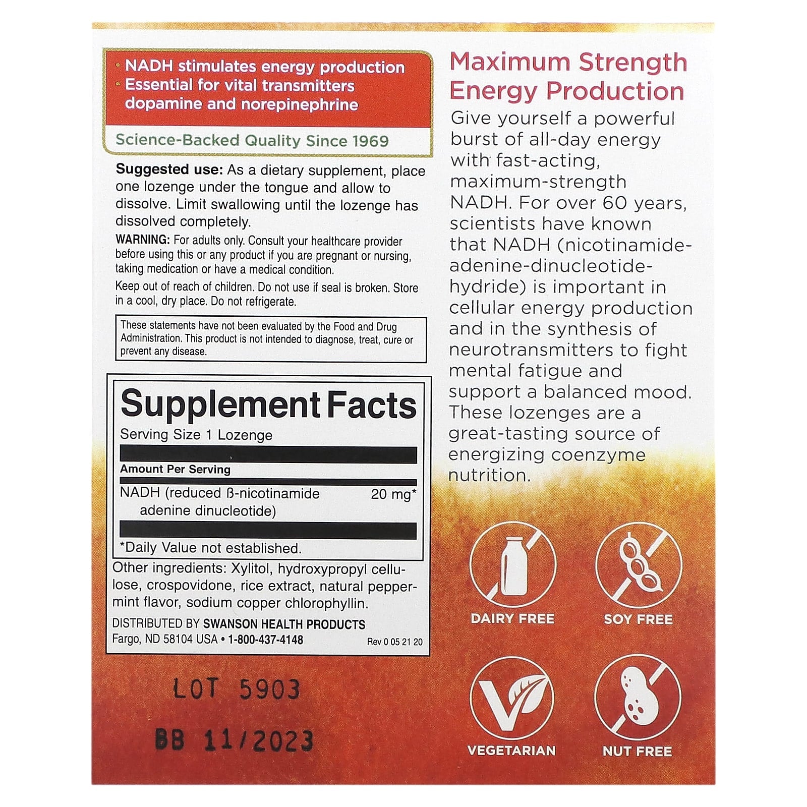Swanson, Maximum Strength NADH, Peppermint, 20 mg, 30 Lozenges - Image 2