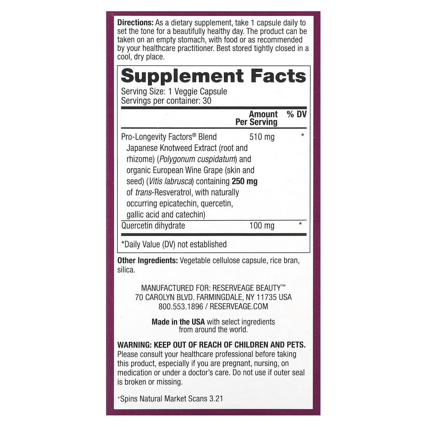 Reserveage Beauty, Resveratrol, 250 mg, 30 Veggie Capsules - Image 2