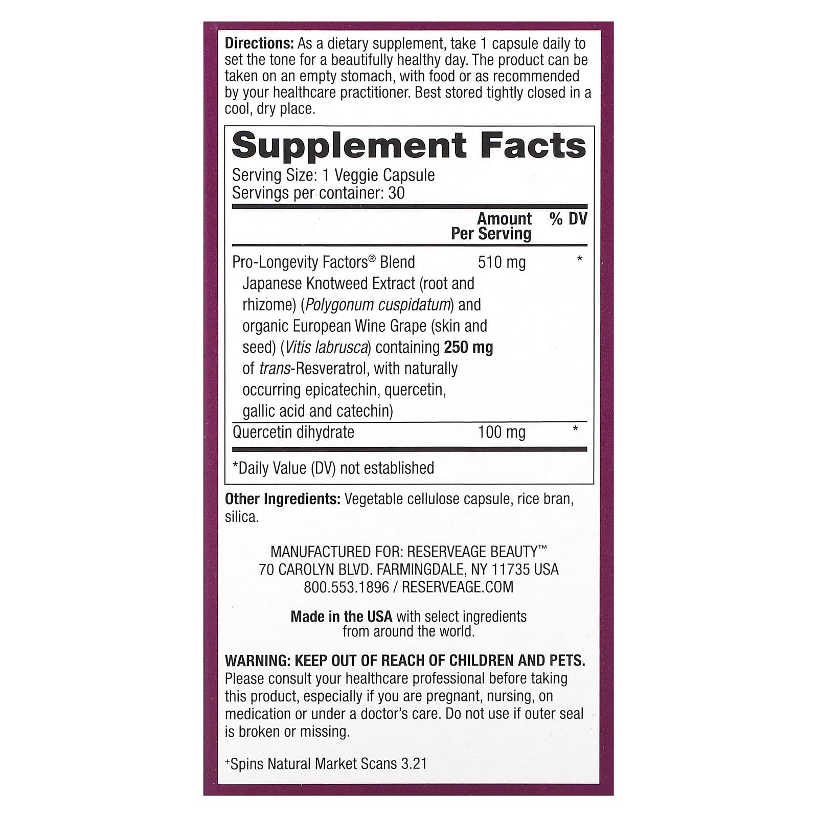 Reserveage Beauty, Resveratrol, 250 mg, 30 Veggie Capsules - Image 2